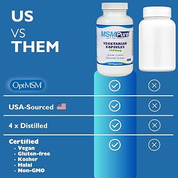 KALA HEALTH MSMPure MSM Vegetarian Capsules 1,000 mg US-Sourced MSM per Capsule for Joint Health, Skin Appearance, Hair & Nail Support 120 Count, Organic Sulfur