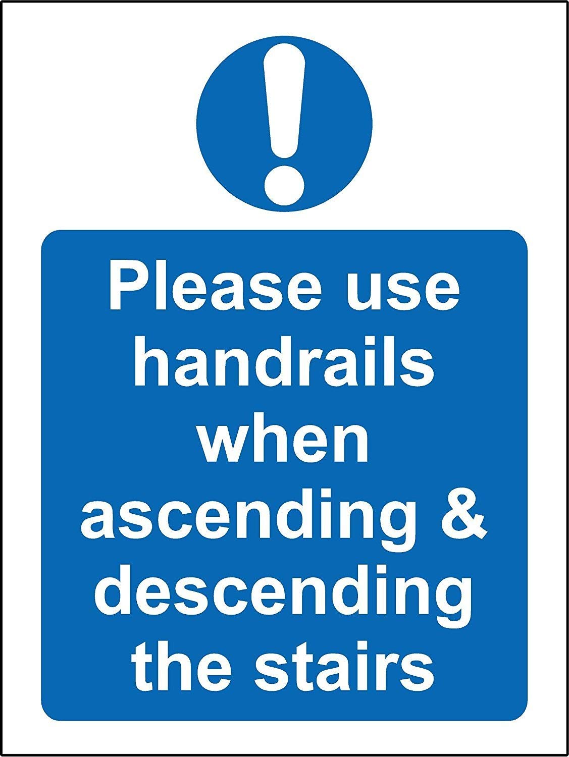 Kpcm Display Ltd White Please Use This Handrails When Ascending & Descending The Stairs Safety Sign - 1.2Mm Rigid Plastic 200Mm X 150Mm