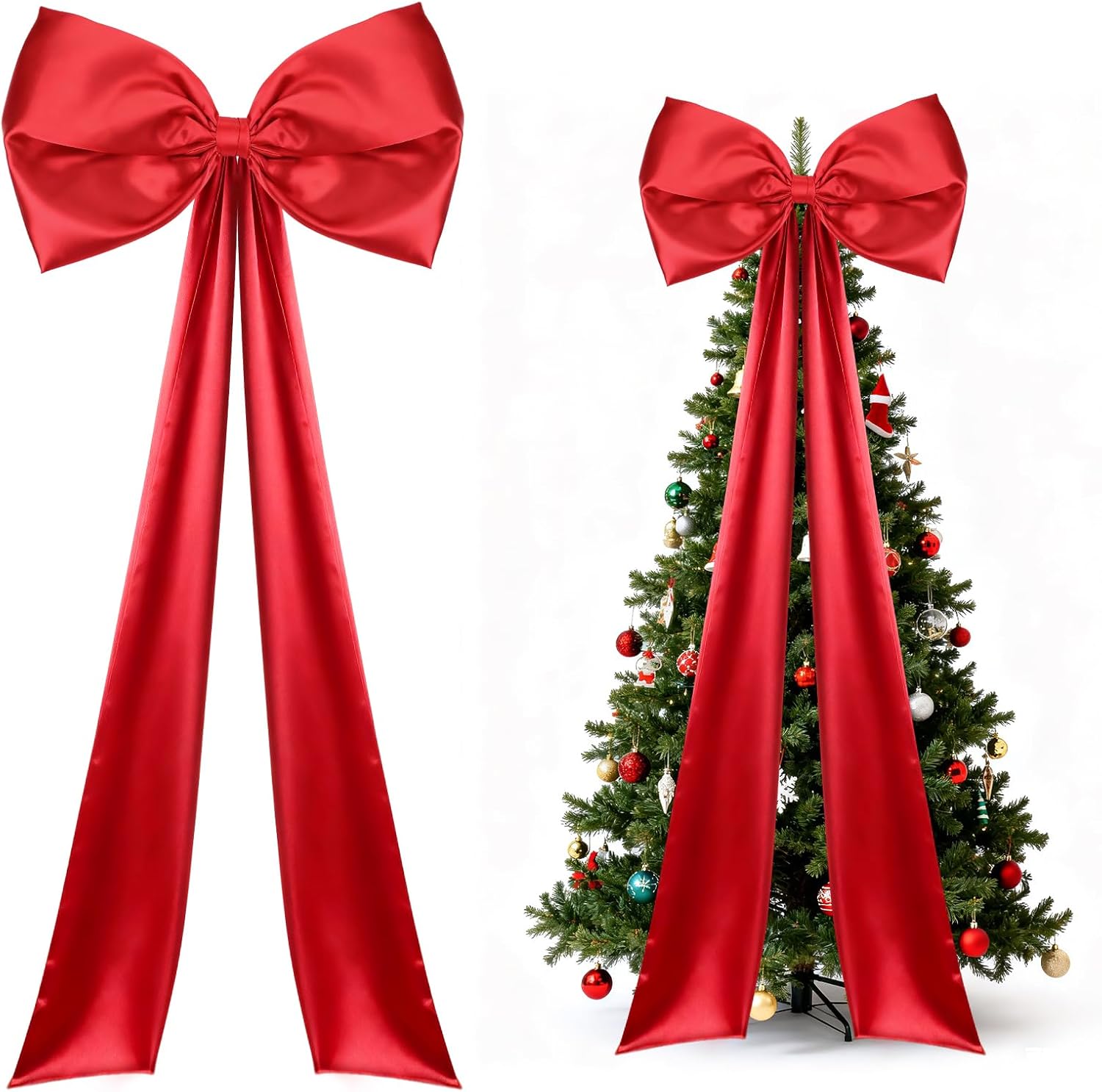 10.2ft Extra Large Christmas Tree Topper Bow - Satin Bow with Long Streamers for 9-12ft Christmas Tree Home Party Decorations, Red