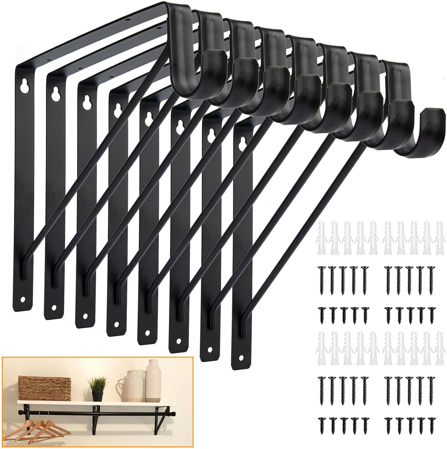 8 Pack Heavy Duty Closet Rod Bracket 11”x11” Closet Shelf & Rod Brackets, Right Angle Closet Shelf Bracket with Rod Holder, Closet Rod Center Support for Revive Your Sagging Rod, Withe