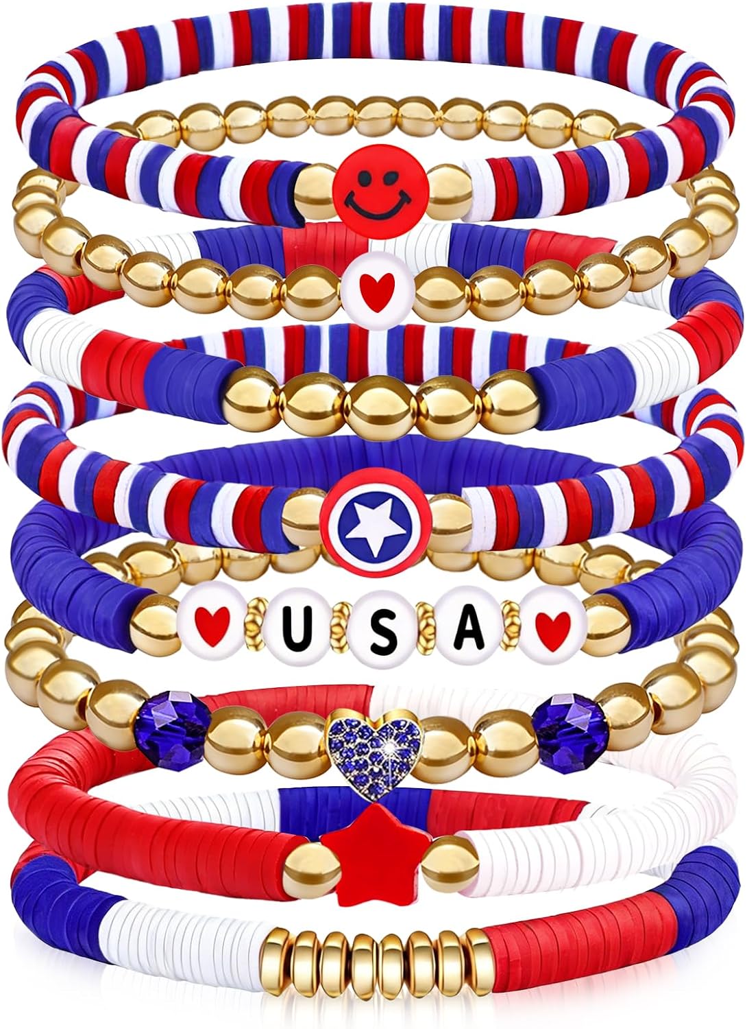 250 Anniversary USA Merchandise 4th of July Outfits for Women Men Teens Red White Blue Clay Beaded Stretch Bracelets USA Patriotic Jewelry 4th of July Accessories