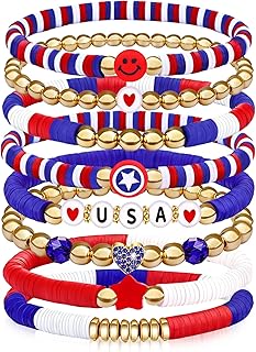 4th of July Accessories for Women Men Teens Red White Blue Clay Beaded Stackable Stretch Bracelets USA Patriotic Jewelry Fourth of July Gifts