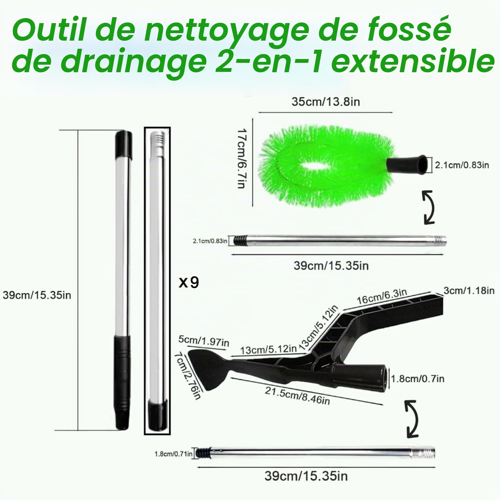 Nettoyeur de gouttières télescopique 350 cm 2 en 1 brosse cuillère