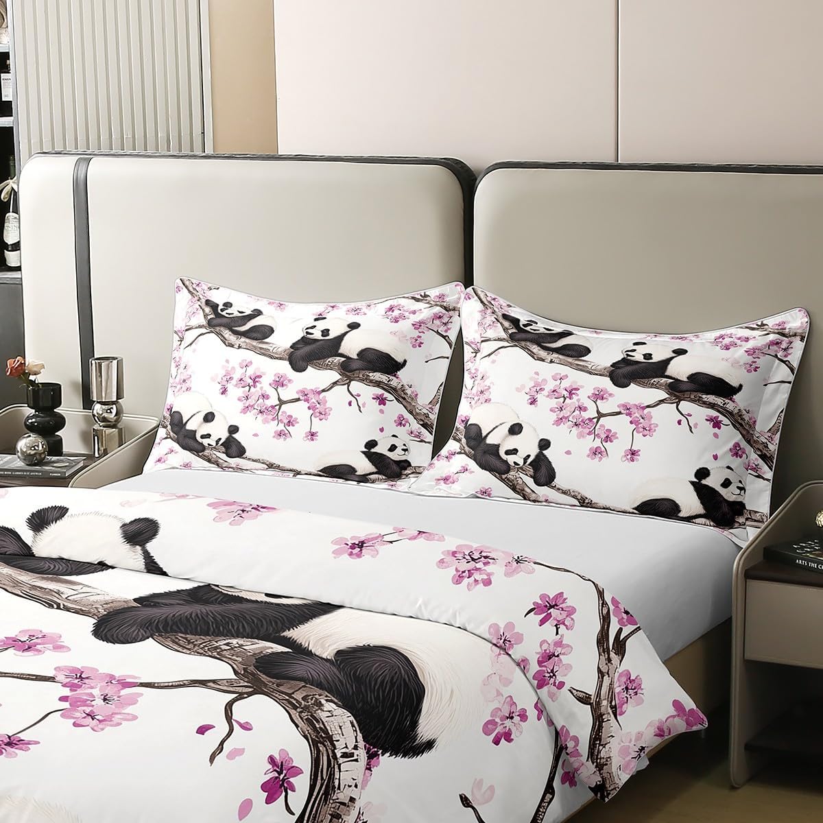 Erosebridal Lovely Panda 100% Cotton Comforter Cover Twin,Cherry Blossom Floral Bedding Set for Kids Boys Girls Teens Adult,Giant White Black Bear Quilt Cover,Cute Wild Safari Animal Bedspread Cover