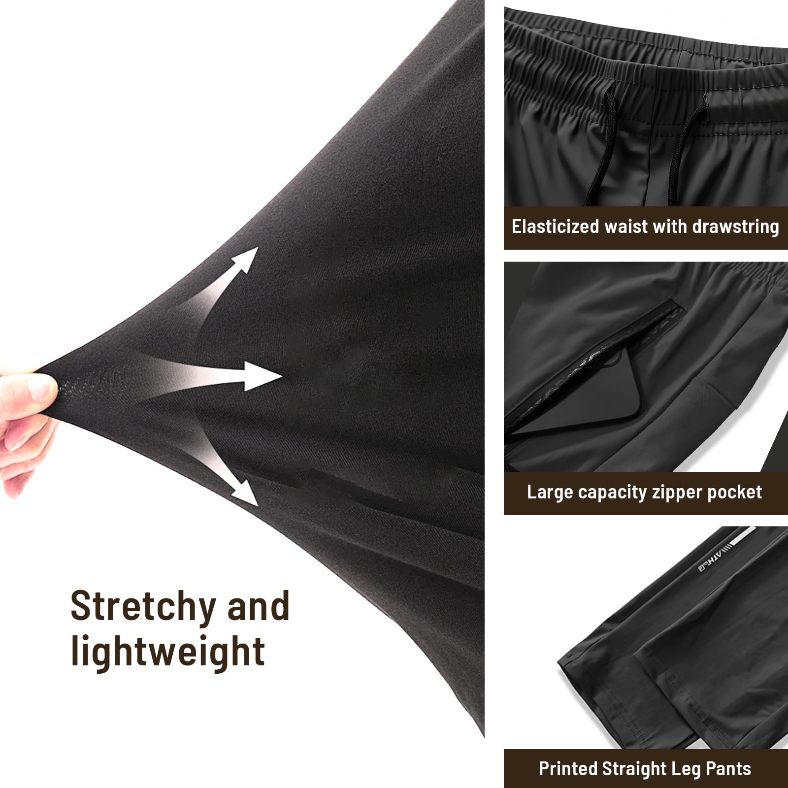 Hidkat Lot de 3 pantalons de jogging à séchage rapide pour homme pour la course et l'entraînement à la salle de sport - Pantalon de jogging léger et extensible avec poches zippées
