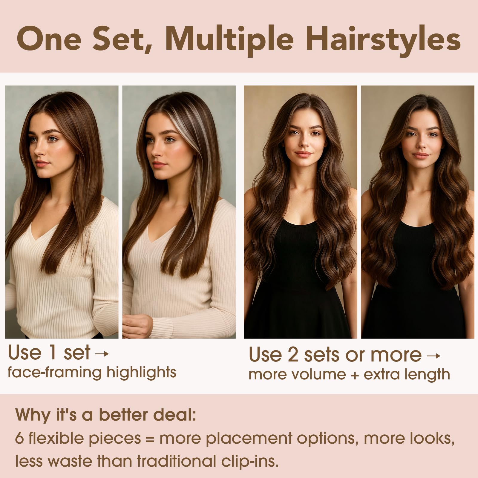 TESS Clip in Extensions Echthaar 6stk 40g, 6 Clip in Haarverlängerung Echthaar Extensions Spitzennetz Remy Extensions 40cm 1BTG4# Naturschwarz/Grau