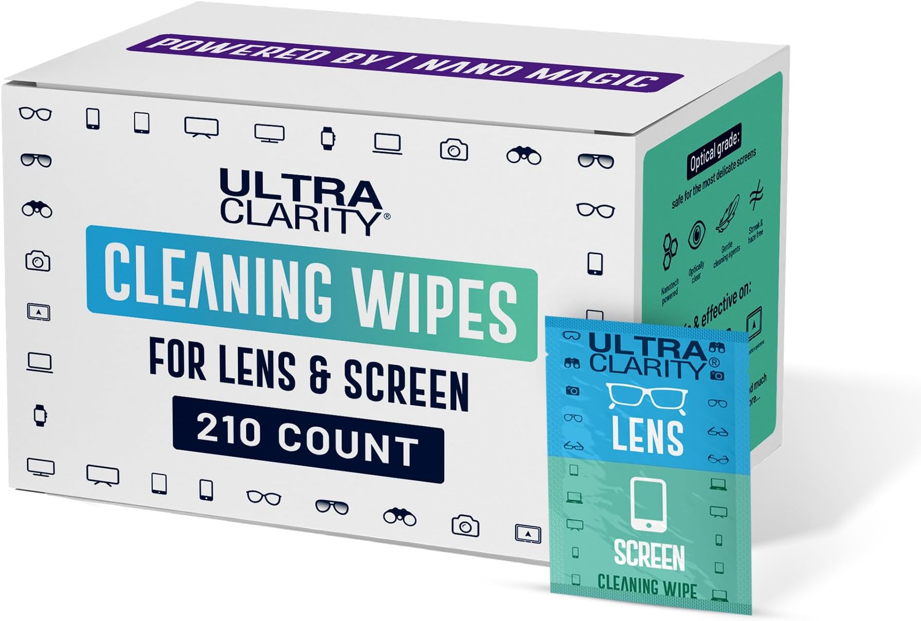 Powered by Nano Magic Lens Cleaner for Eyeglasses and Screens 210 Pack | Optical Grade Pre Moistened Nonabrasive Sheets for Coated Eyeglasses, Sunglasses, Goggles, Optics
