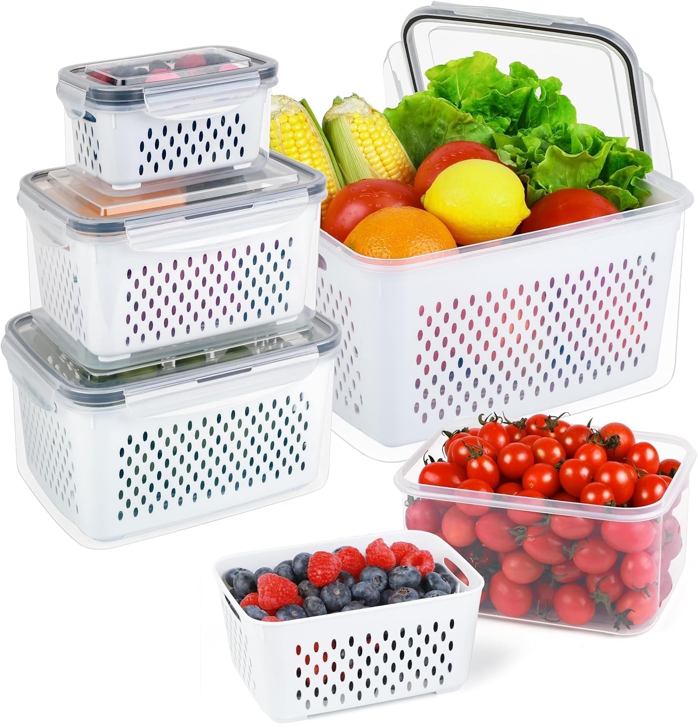 ideagala Fruit Storage Containers 4 PCS for Fridge - Fruit Containers for Refrigerator with Removable Colander - Airtight Food Storage Container Keep Produce Vegetables Berry Fresh Longer