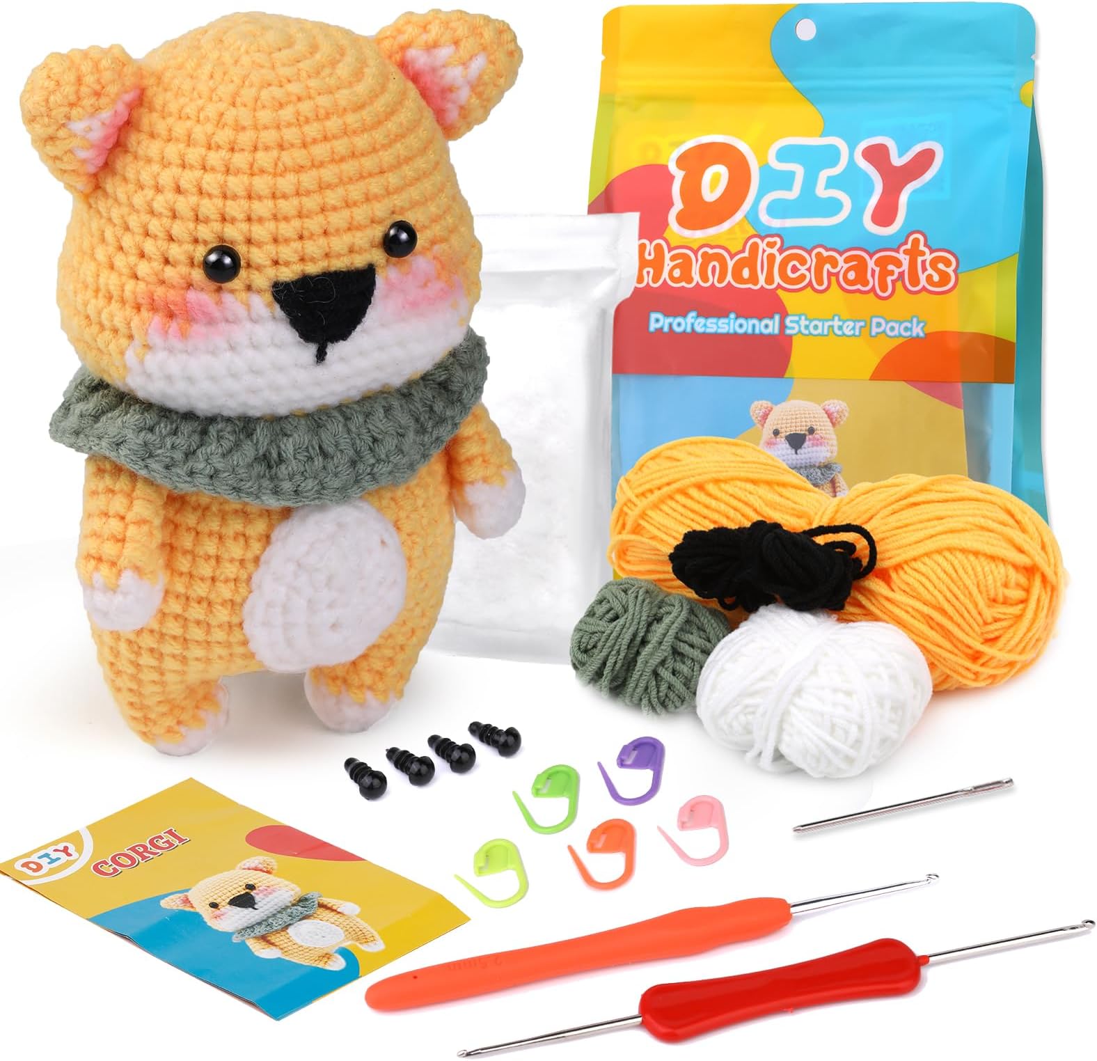 NAMOON Beginners Crochet Kit, Complete Crochet Kit with Easy Peasy Yarn, DIY Crochet Kit for Beginners, Crochet Animal Kit Include Step-by-Step Instructions Video for DIY Craft Art (Corgi)