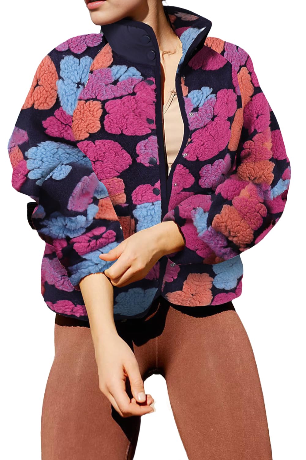 Floral Fleece Jacket Button Down Shacket Casual Sherpa Coats Warm Outwear
