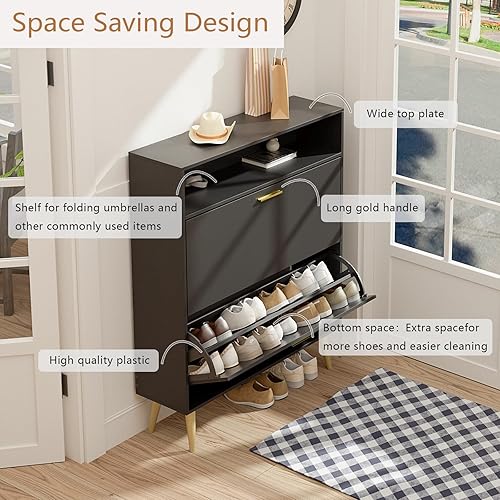 Miniatura 4 de LYNSOM Juego de 2 zapateros, organizador de zapatos con 2 cajones abatibles, moderno almacenamiento de zapatos de entrada con pantalla superior,