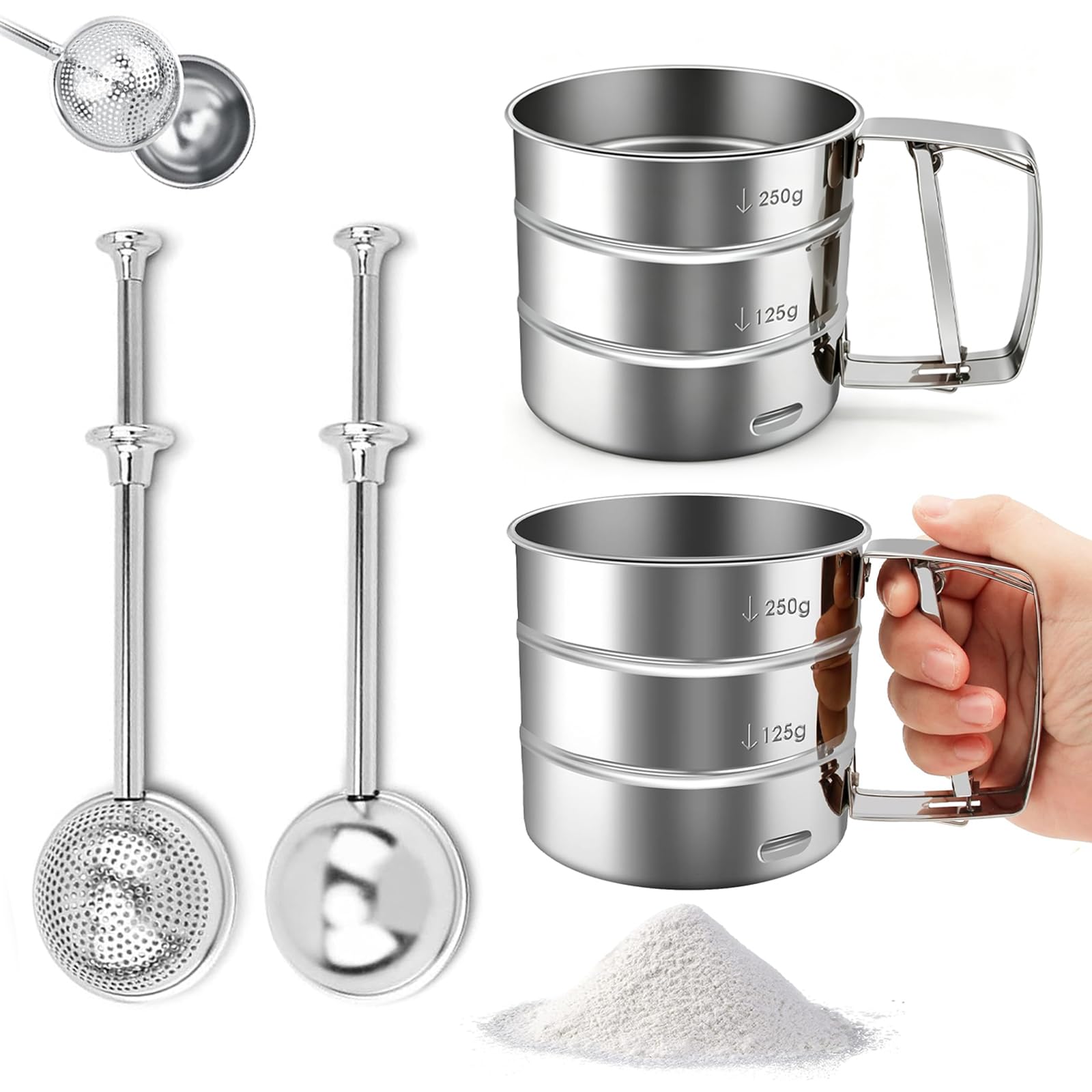 4 Pcs Flour Sifter Sieve, Stainless Steel Flour Sieve and Tea Strainer Set of Four, Two Small Flour Shakers with Half-Hole Design for Baking and Cooking Needs, Durable Kitchen Sifters for Fine Sieving