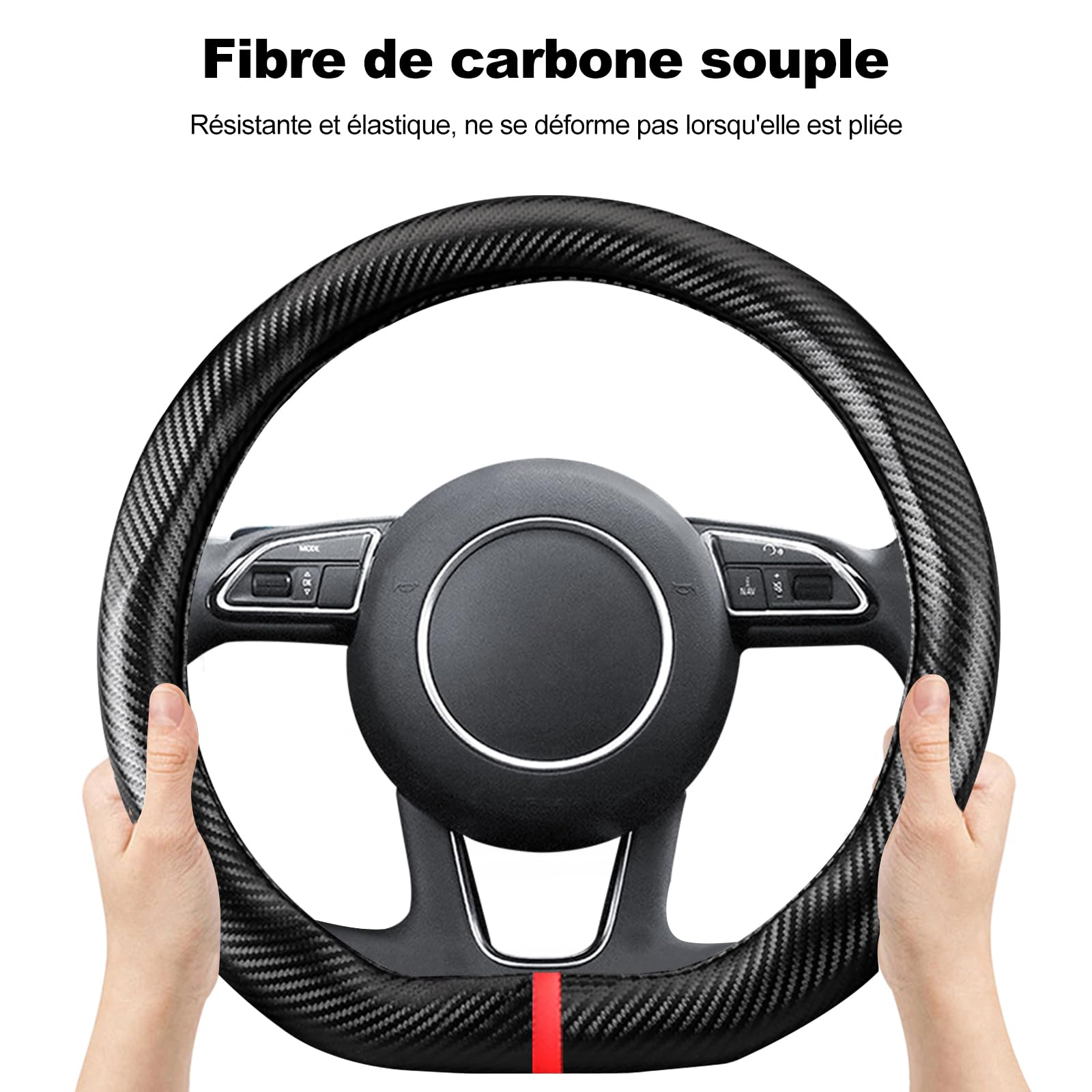 Ergocar Forme de D Matériau en Fibre de Carbone Couvre Volant Antidérapant Respirant Durable Universel Couvre Volant Voiture pour Diamètre 38cm(15 ") en Forme de D-Ondulation Noire