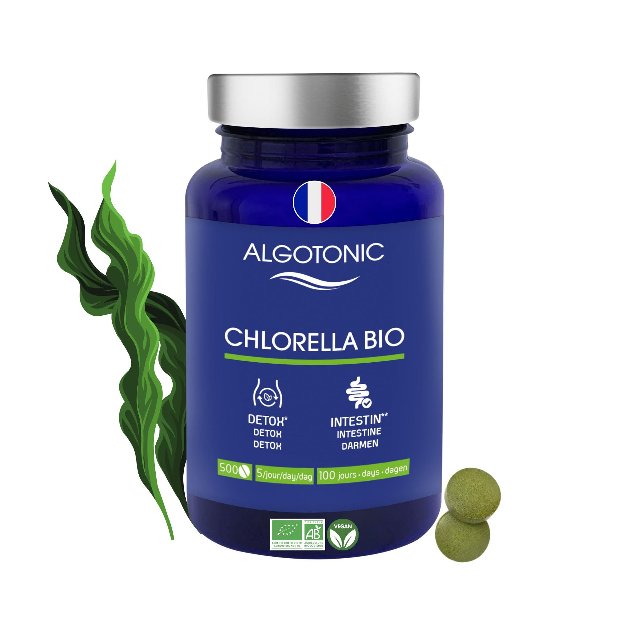 Chlorella Bio - 2500 mg par jour - 500 comprimés - Cure de 100 jours - Poudre de Chlorella vulgaris 100% PURE - Maintien d’une bonne santé intestinale - Detox - Intestin