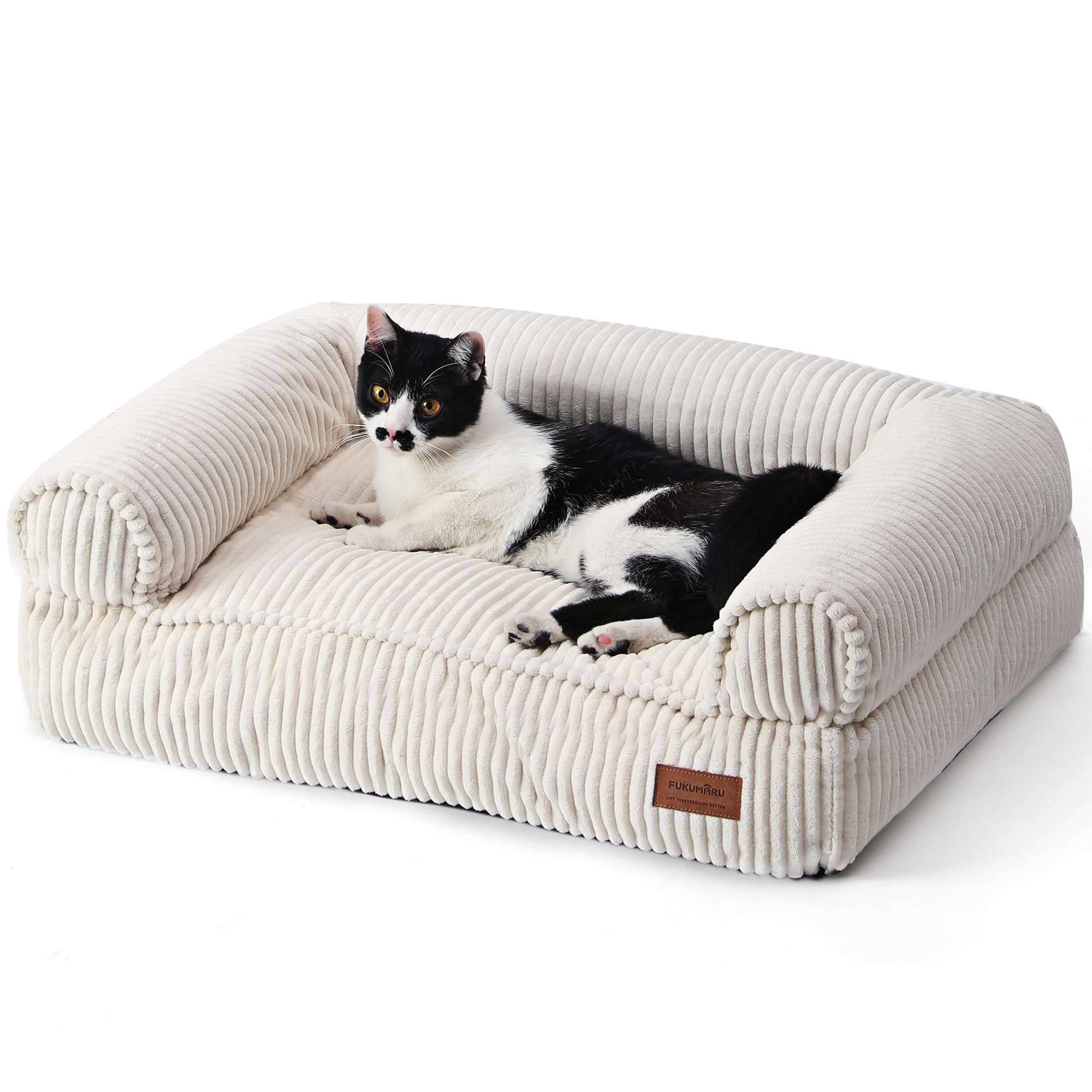 FUKUMARU Cat Couch Bed, Corduroy Cozy Cat Bed for Indoor Cats with Removable Washable Cover, Supportive Anti-Slip Dog Beds Sofa for Small Dogs Cute, 27inch, Medium, Cream