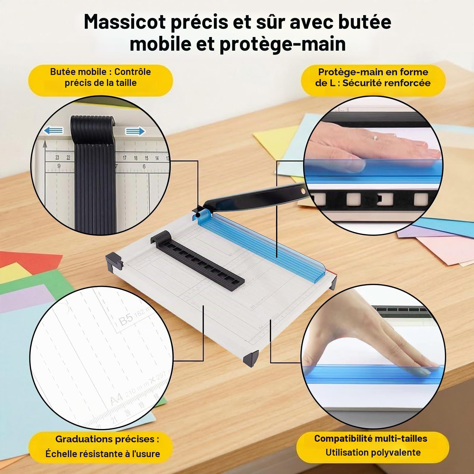 Coupe-papier Guillotine A4 - Massicot à papier robuste avec protection de sécurité, Capacité de 15 feuilles, Massicot de précision pour couper le papier, les cartes, les photos, le vinyle
