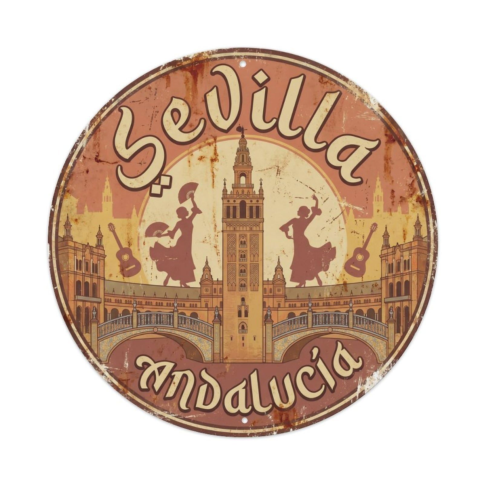 Vintage Travel Seville Andalusia Spain 1 Metal Tin Sign Plaque Wall Decor for Cafe, Club Bar, Office, Home Garden Round Metal Poster 8x8Inch