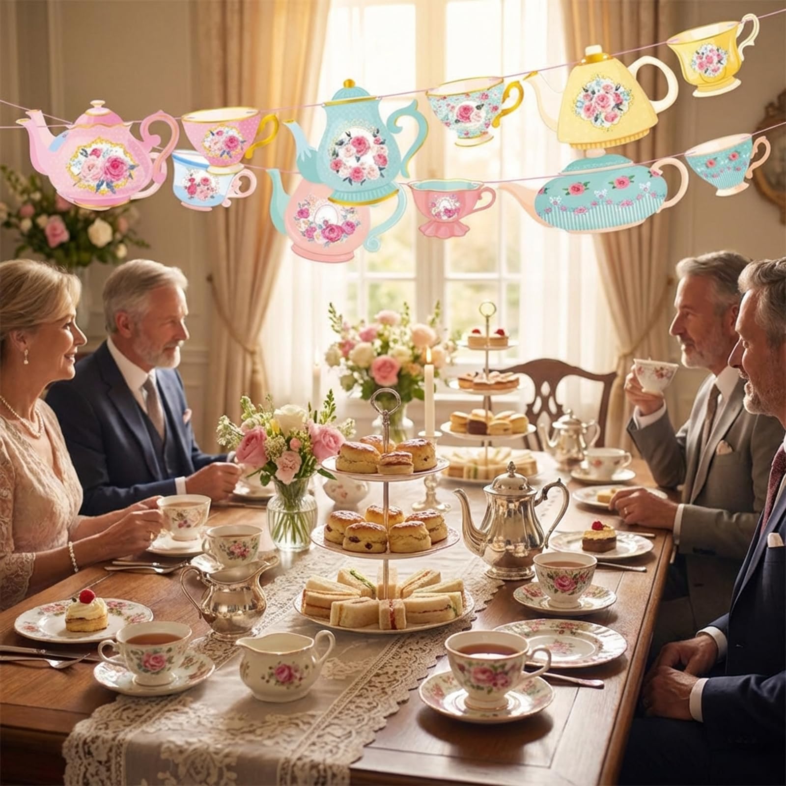 Vintage Tea Party Decorations Banner - Elegant Afternoon Tea Time Bunting with Floral Design for Adult Party, Bridal Shower & Home Decor (Pink & Mint Green) — view 3