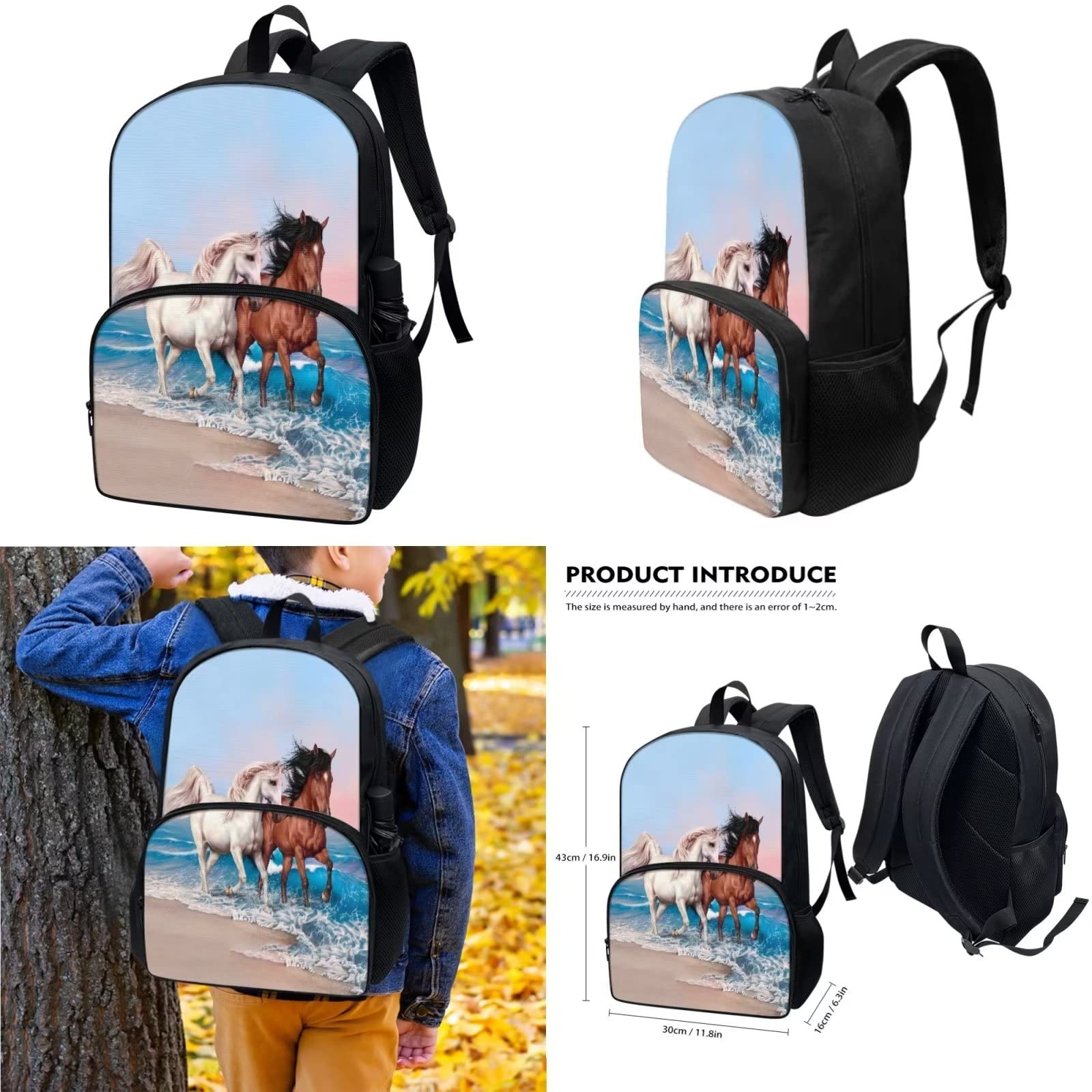 Poceacles Rucksack, 3-teiliges Set für Schulbücher, Lunchtasche und Stifteetui, für Kinder, Jungen, Mädchen, Rucksack, Laptoptasche, Pferd Meerwellen, Einheitsgröße