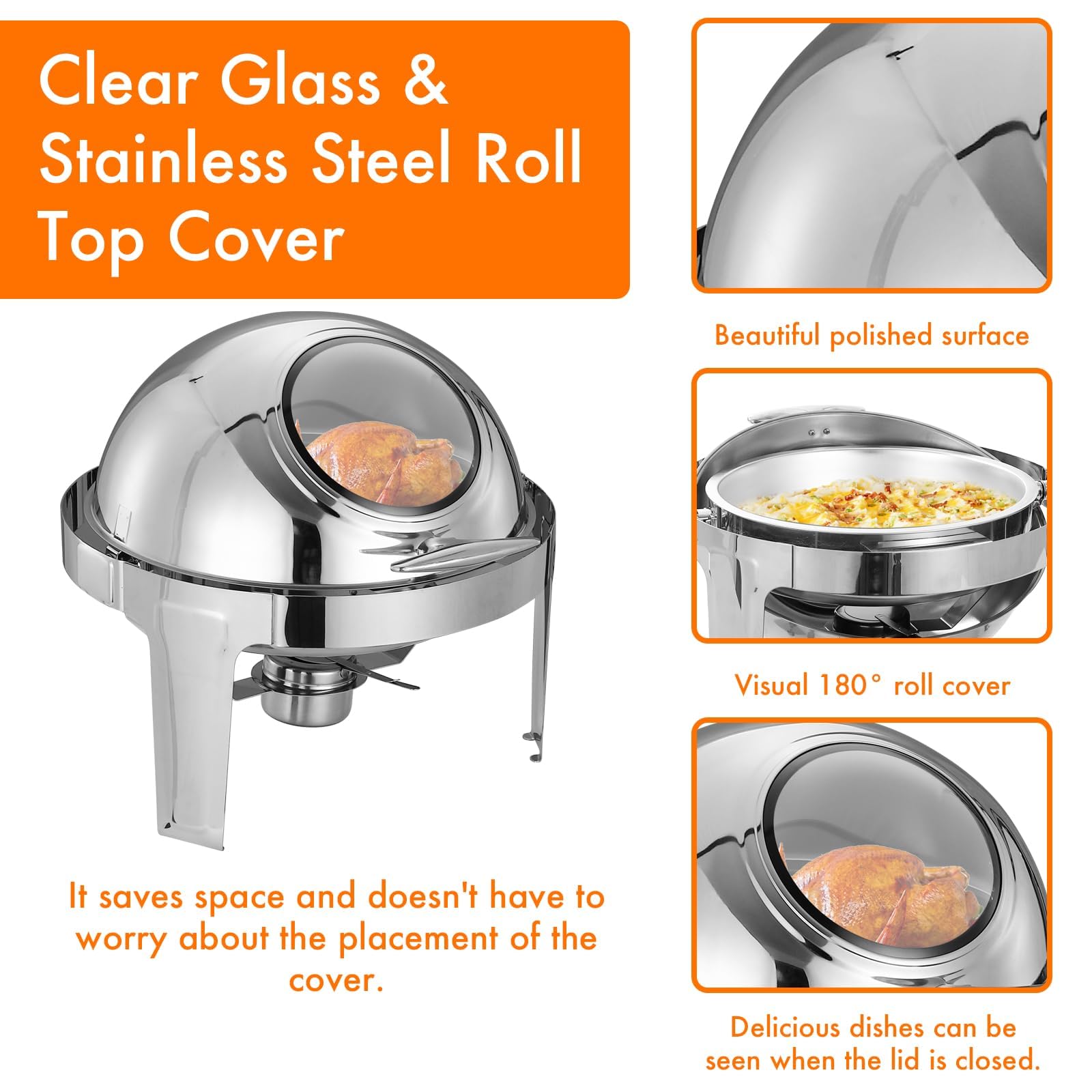 Juego De Buffet De Plato De Chafing De 6 L, Tapa Enrollable Redonda De Acero Inoxidable, Comida Comercial para Catering Servidores De Buffet Rodantes