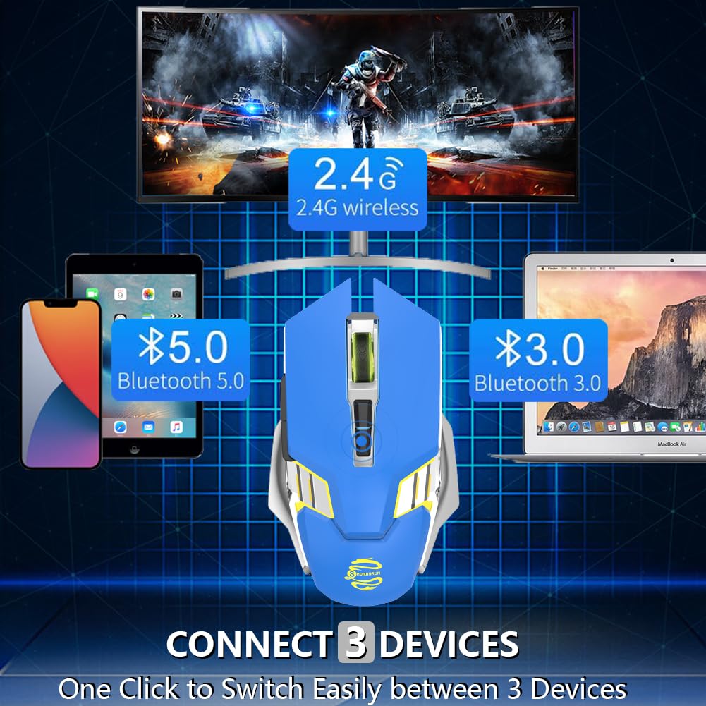 Mouse wireless da gioco, Bluetooth, silenzioso, multi dispositivo, 2400 DPI, retroilluminazione RGB, 800 mAh, ricaricabile, per computer portatile, PC, Mac, MacBook Air/Pro, iPad, Chromebook, giochi