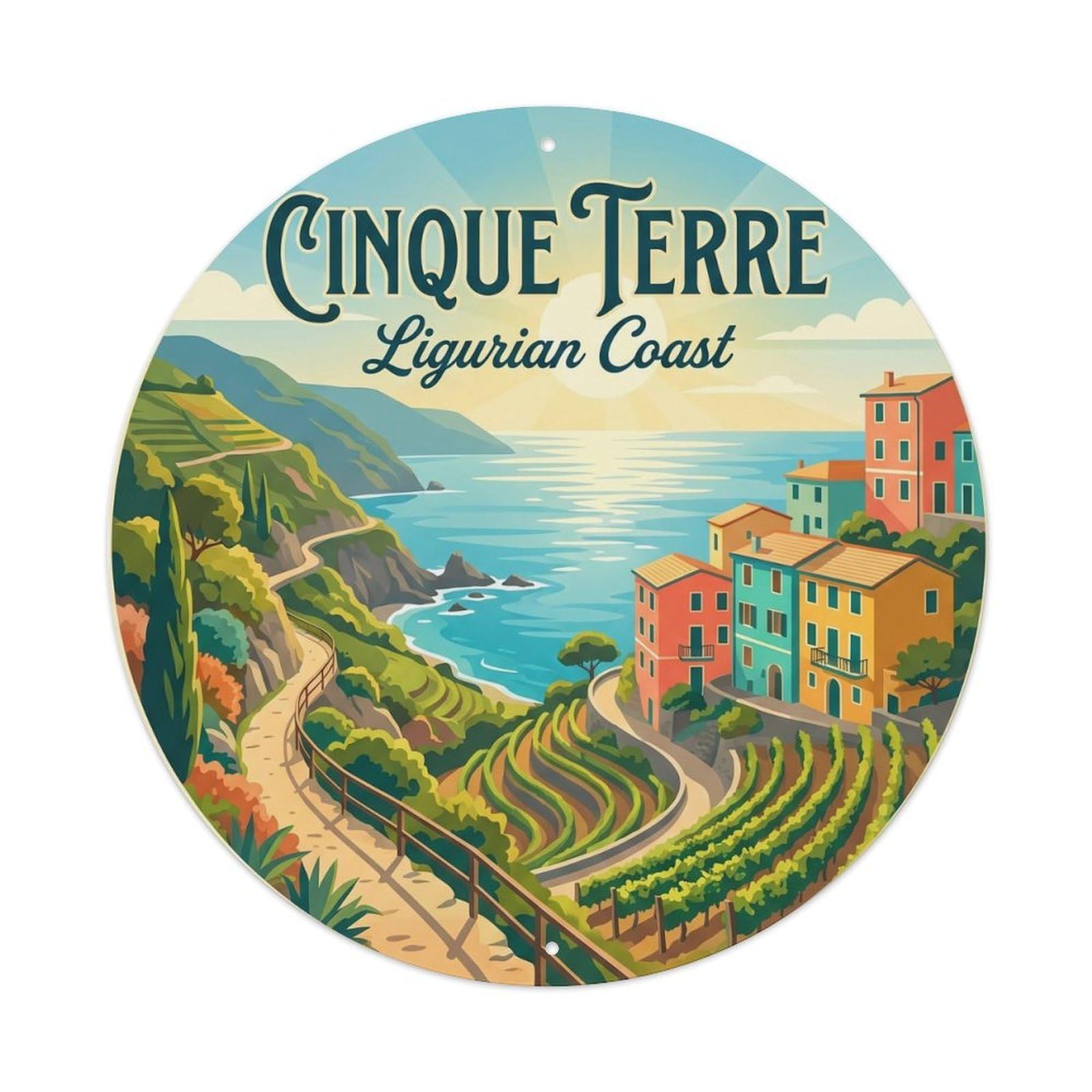Vintage Travel Italian Riviera Coastal Metal Tin Sign Plaque Wall Decor for Cafe, Club Bar, Office, Home Garden Round Metal Poster 8x8Inch