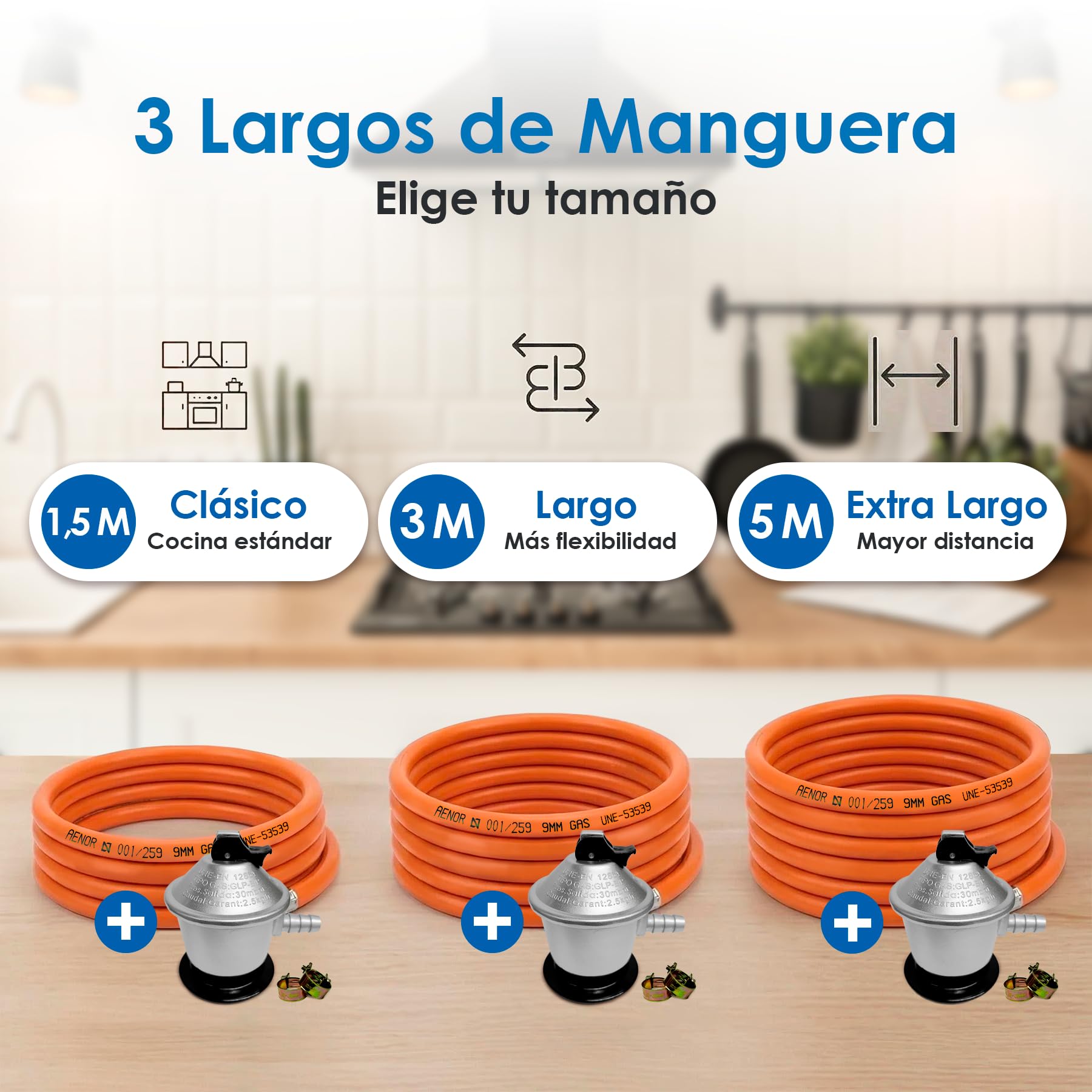 Kit Regulador Gas Butano 30 mbar Homologado + Manguera 1,5 m / 3 m / 5 m y Abrazaderas – Regulador para Bombonas de Gas en Cocinas, Camping, Hornillos, Barbacoas y Paelleros (DOBLE XXL - 3,0 m) — view 3