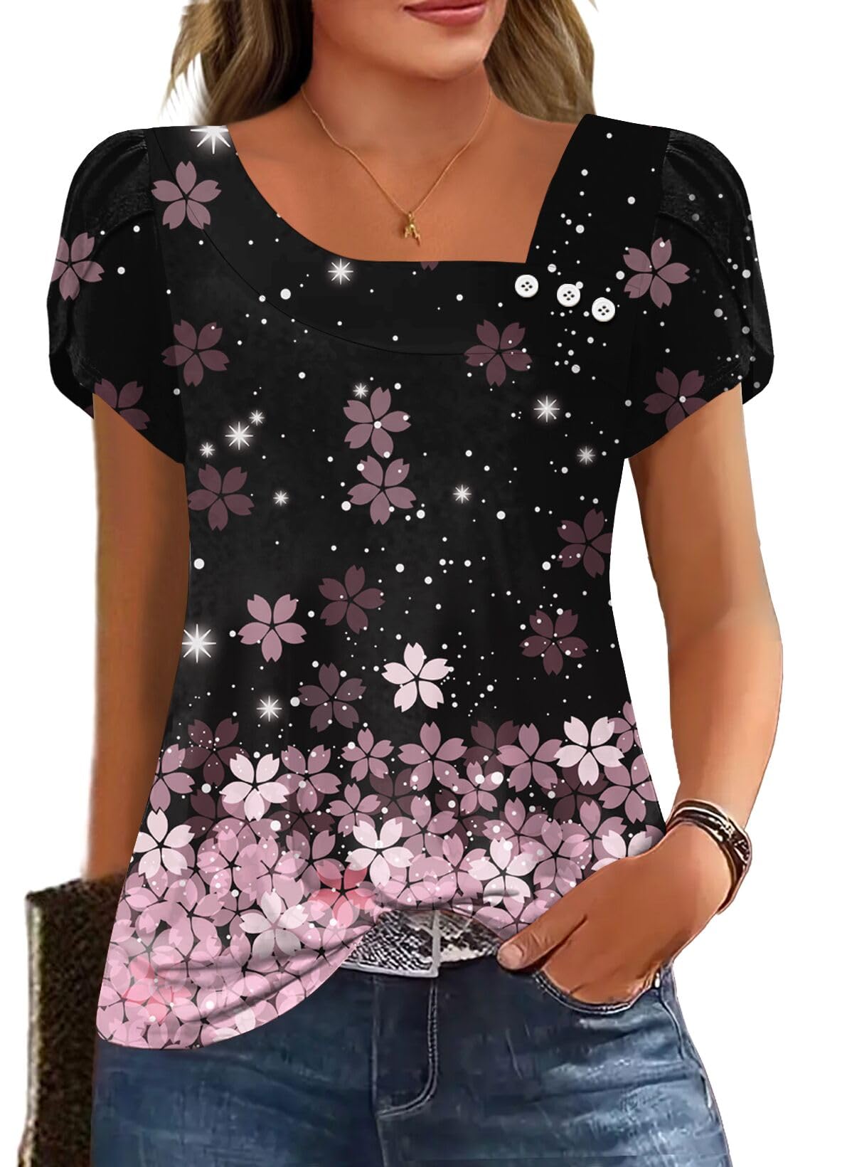 Womens Petal Sleeve Tops Summer Trendy T Shirt Casual Loose Square Neck Button Blouse Tees