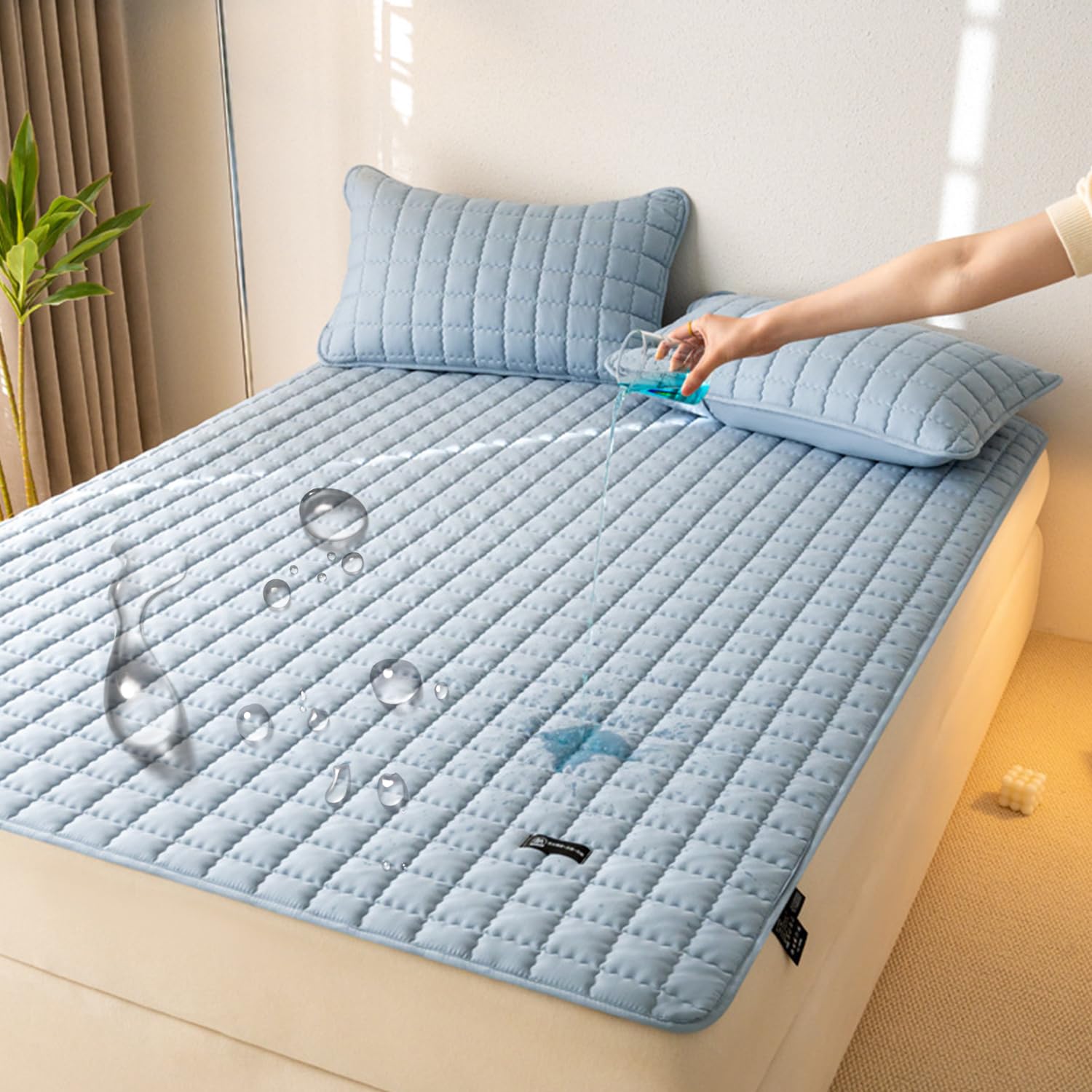 LDLCYCN ,A/blue,150 * 200cm/QUEEN, Waterproof Mattress Pad Cover with Corner Strap Quilted Mattress Protector