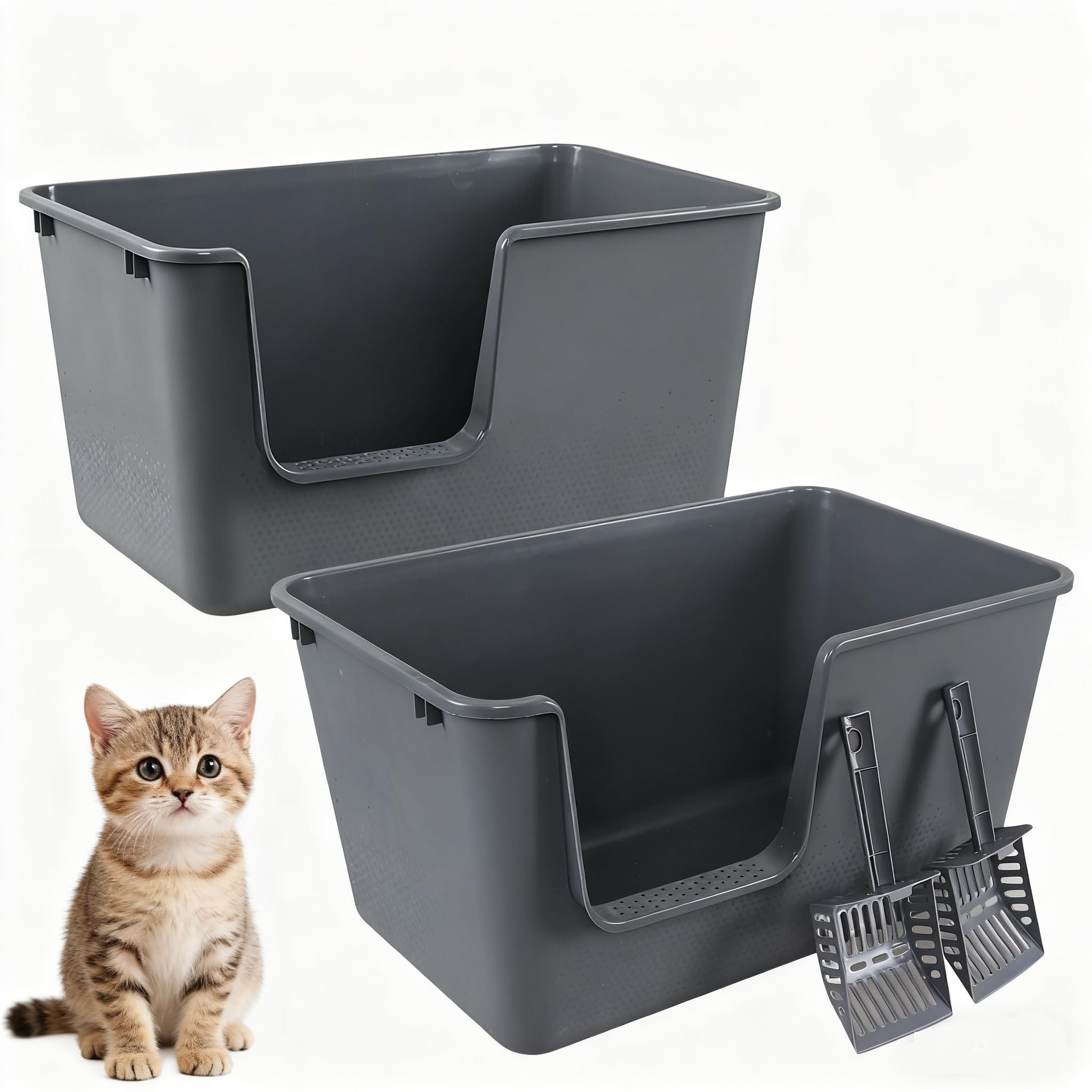 Large Cat Litter Box with High Sides, Easy to Clean, Litter Box for Big Cats&Multiple Cats (Pack of 2, Grey)