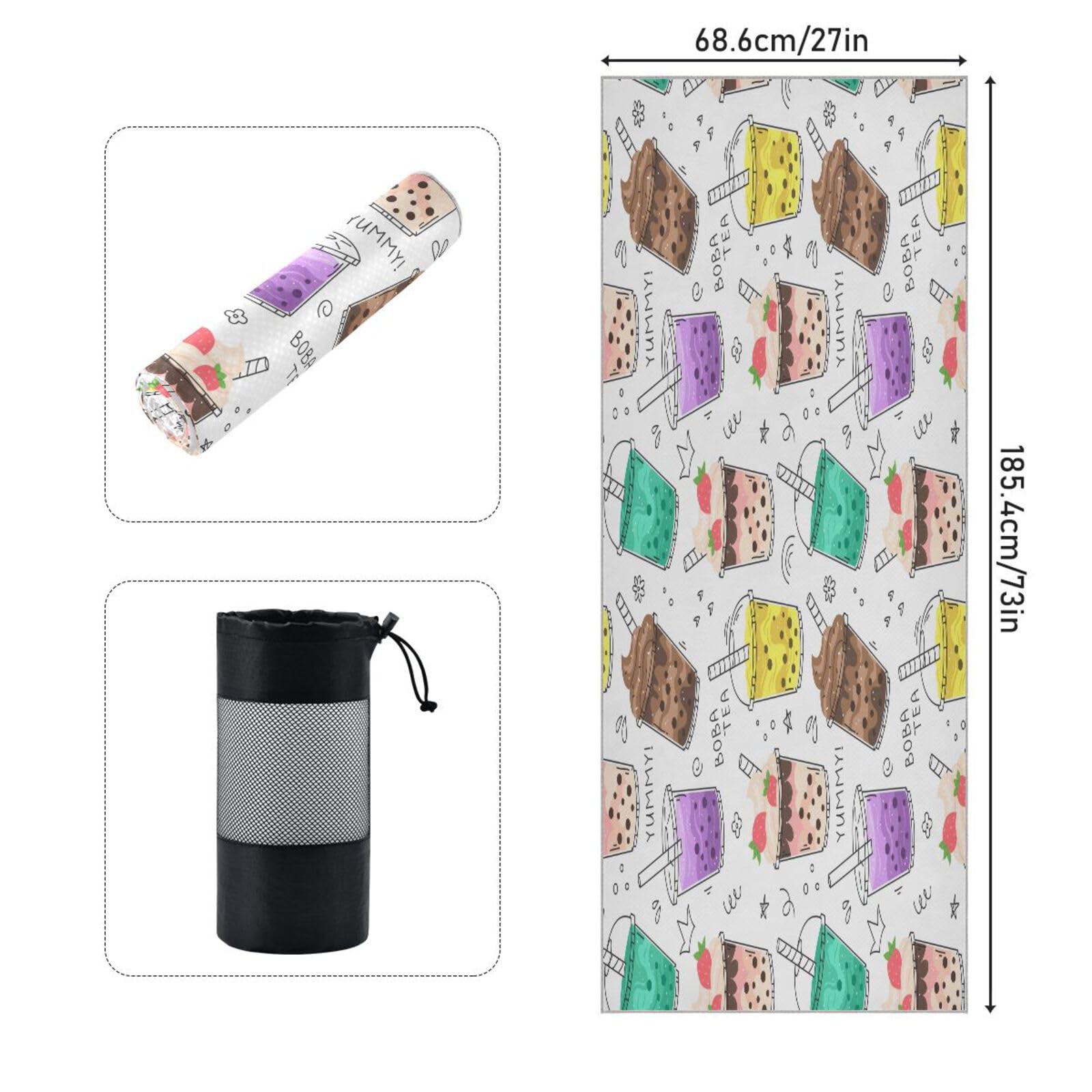 pnyoin Doodle Bubble Tea Yoga Towel,Hot Yoga Mat Towel with Grip Dots Sweat Absorbent Non-Slip for Hot Yoga, 24
