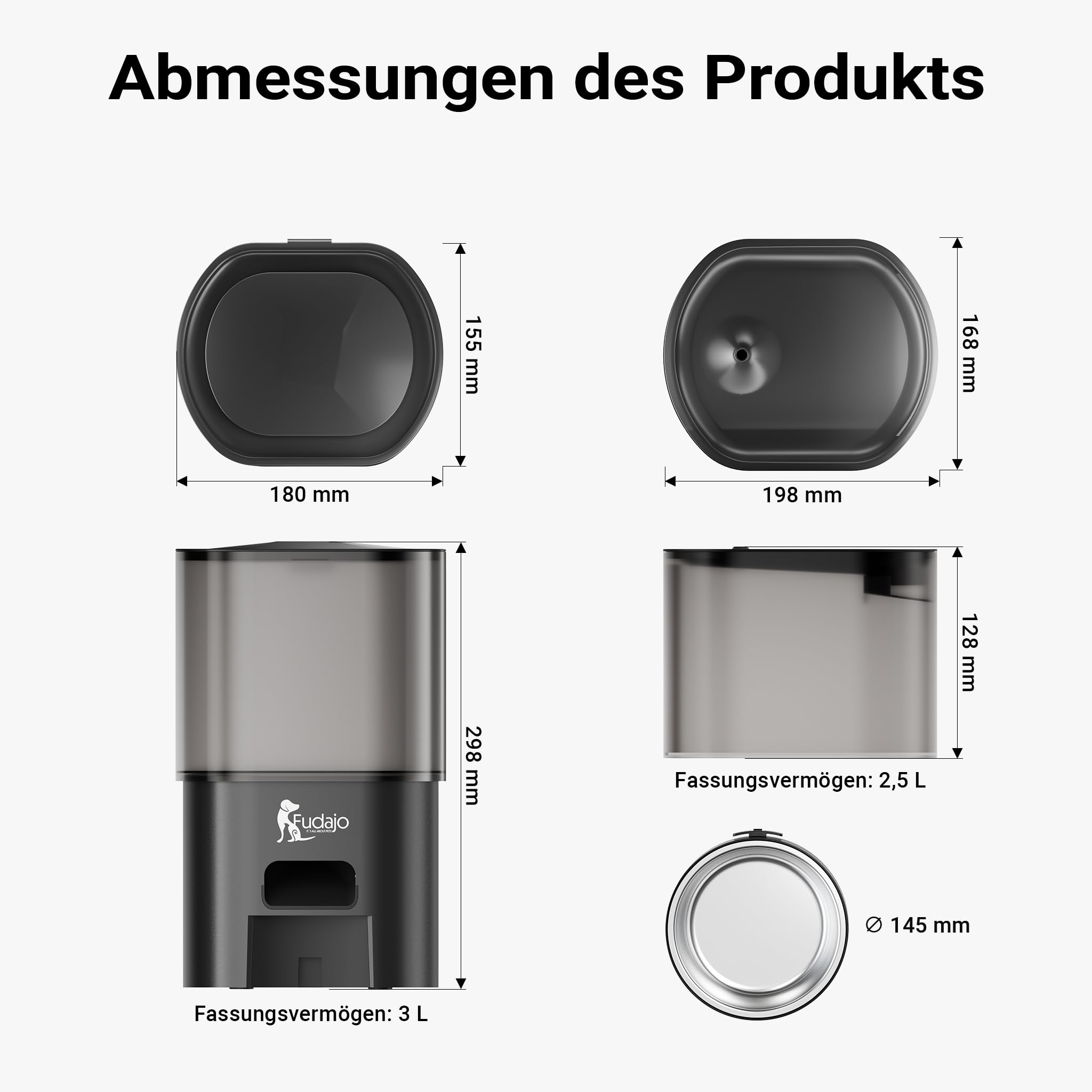 Fudajo Futter- und Trinkautomat für Katzen & Hunde in Schwarz, 3 L Futterspender und 2,5 L Trinkbrunnen, Fütterung mit App-Steuerung für Trockenfutter