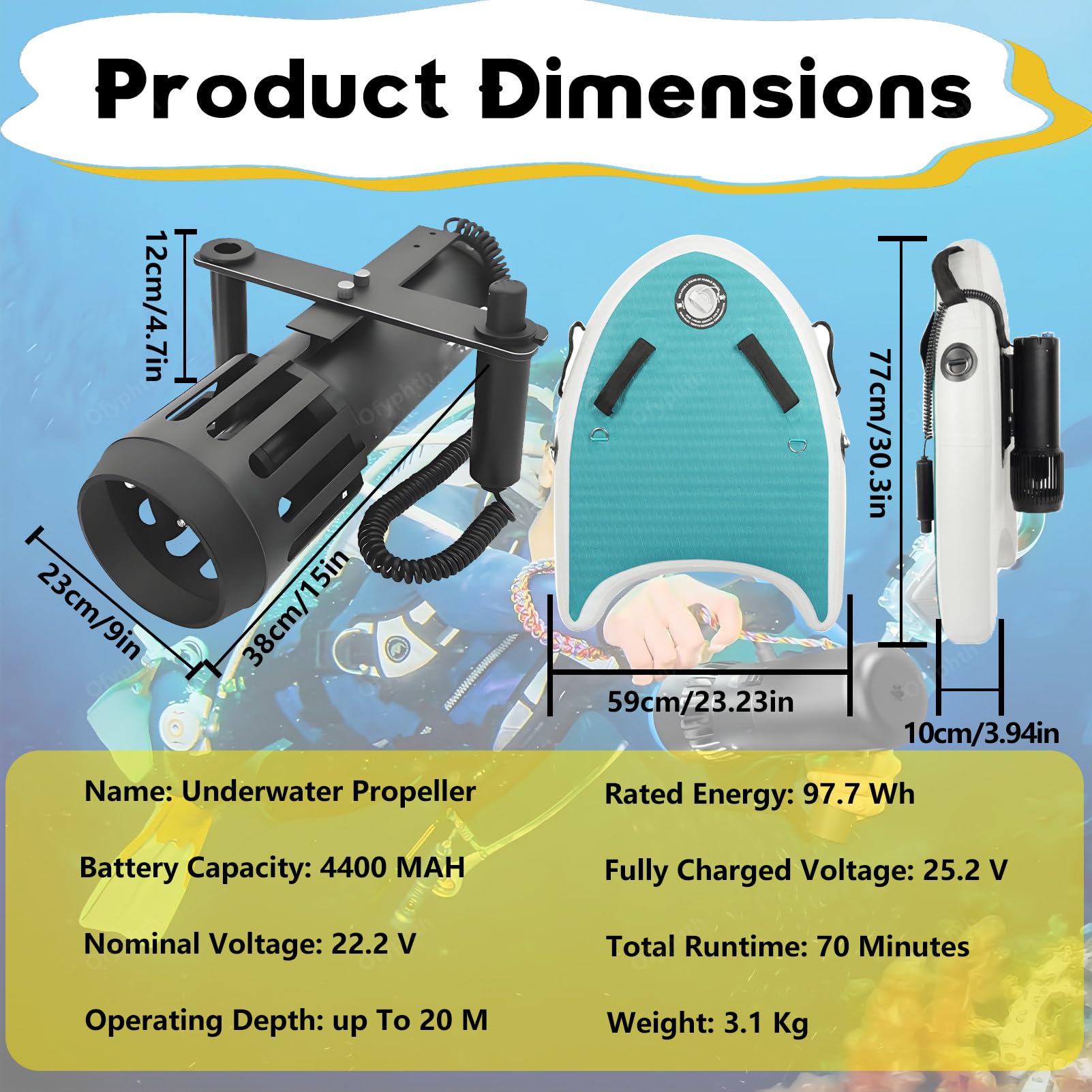Scooter subacqueo da 700 W, ausilio per Immersioni e Nuoto, Scooter subacqueo modulare ad Alte Prestazioni, selettore a 2 velocità, Attrezzatura Sportiva Impermeabile per Piscina. Package