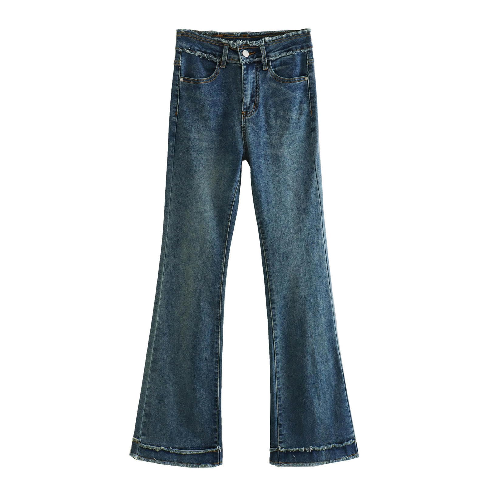 Pantalon évasé décontracté bleu taille haute à double bord brut pour femme M