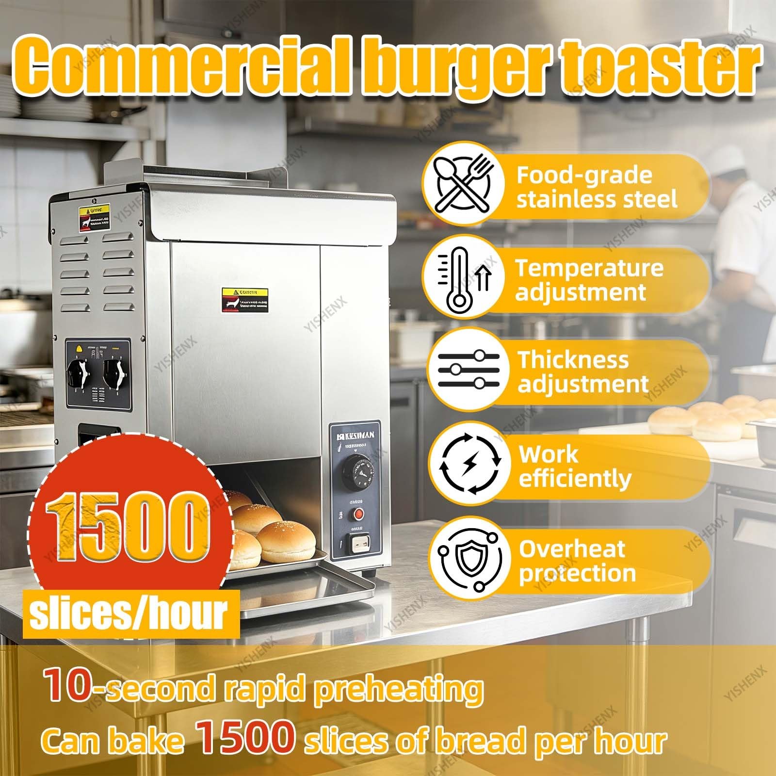 Komercyjny Opiekacz Do Bułek Do Burgerów 2000w, Dwuwlotowy Podgrzewacz Do Hamburgerów, 1500 Kromek/Godzinę, Stal Nierdzewna Spożywcza, 50-300°c, Regulowana Grubość, Do Piekarni