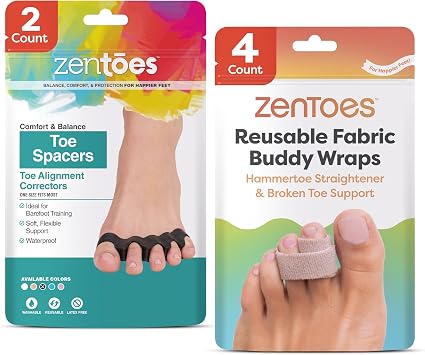 ZenToes Toe Alignment Bundle - Hammertoe Corrector for Women & Men, 4 Count OSFM, Beige + Silicone Toe Spacers and Separators, 2 Pairs Black