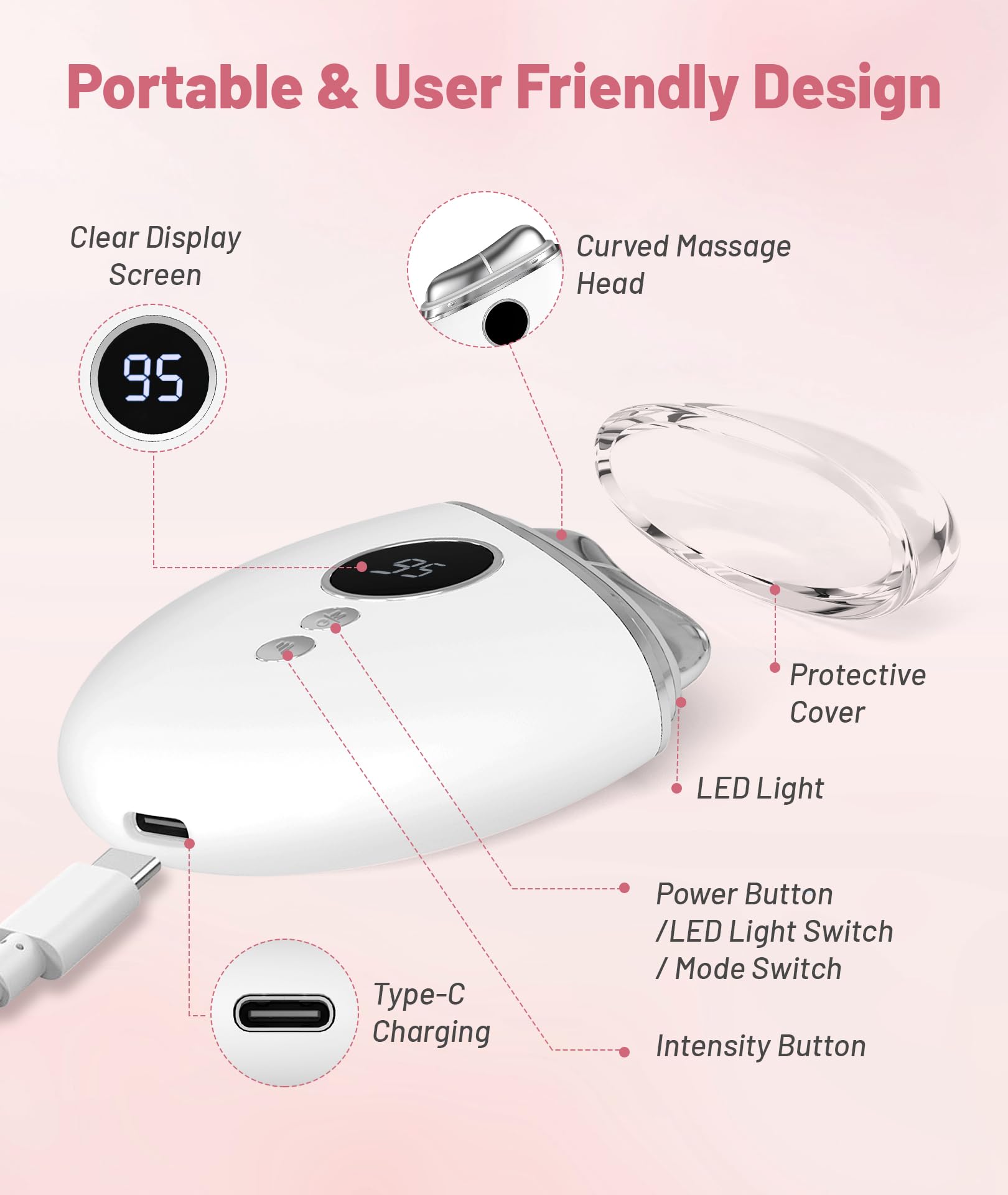 4-in-1 Red Light Therapy for Face and Neck, Gua Sha Facial Tool with Heat & Vibration, Face Massager Tool for Puffiness, Smoothing, Firming, Gifts for Women & Men (White)