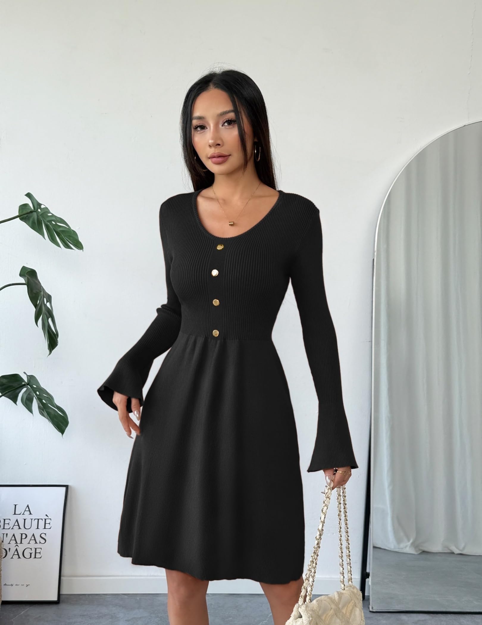 Zeagoo Robe en tricot pour femme - Manches longues - Col en V - Robe pull élégante - Robe d'hiver unie - Robe midi avec manches trompette