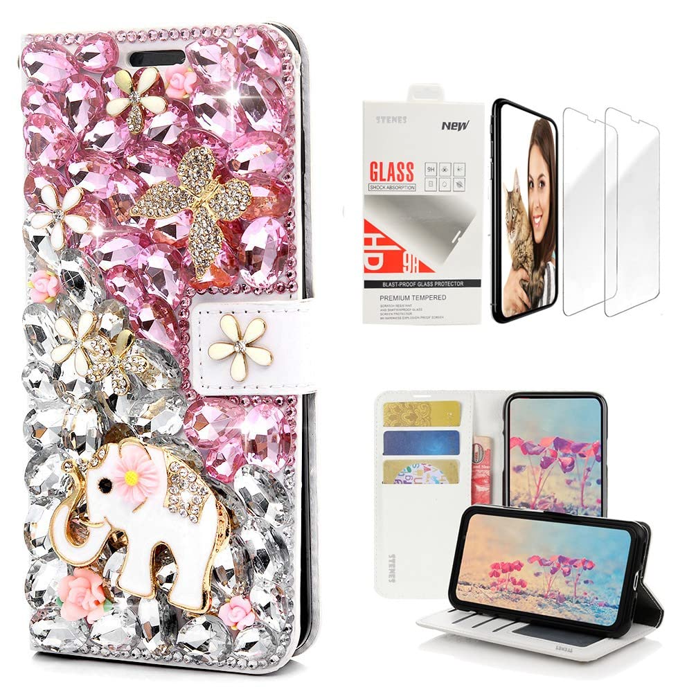 STENES Bling Wallet Phone Case Compatible with iPhone 16 Pro Max - Stylish - 3D Handmade Crystal Elephant Butterfly Flower Magnetic Leather Cover with Screen Protector [2 Pack] - Pink