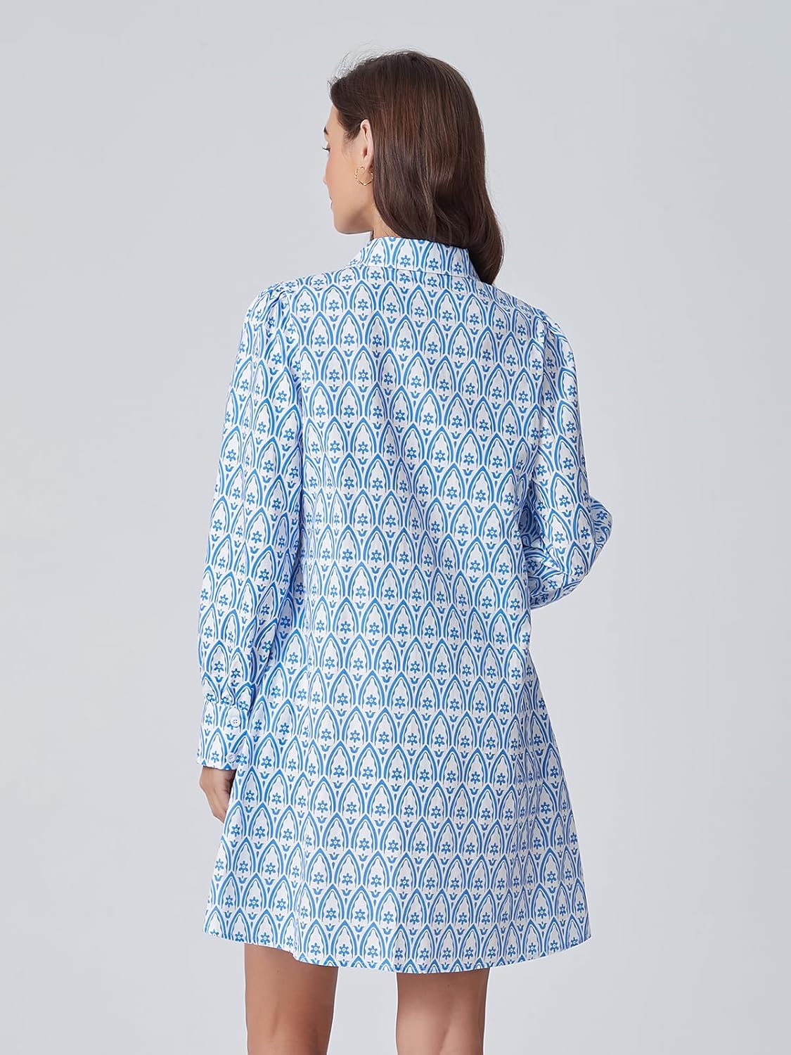 Floral Mini Dress Women Long Sleeve Holiday Sundress Button-Up Tunic Shirt Dress with Pockets - Image 5