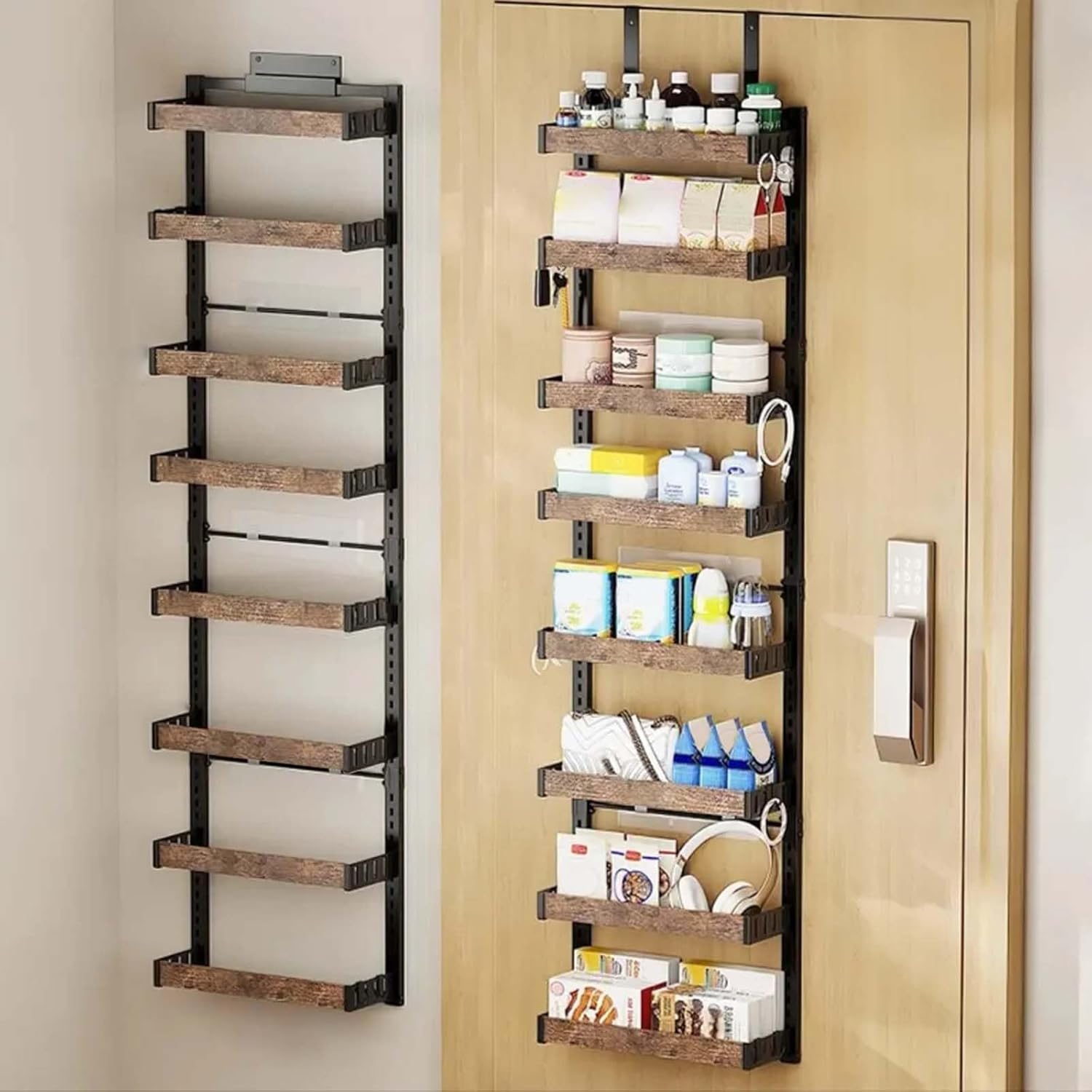 Door Organiser, Hanging Organiser, 8 Levels, Door Shelf for Hanging, Metal with Adjustable 8 Baskets, Wall Mounting Spice Rack, Bathroom Shelf, No Drilling Required, for Kitchen, Cabinet, Bathroom, 45