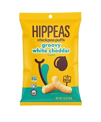 Hippeas Chickpea Puffs, Groovy White Cheddar, 1.5 Ounce Pack of 1, 6g Protein, 4g Fiber, Vegan, Gluten-Free, Crunchy, Plant Protein Snacks