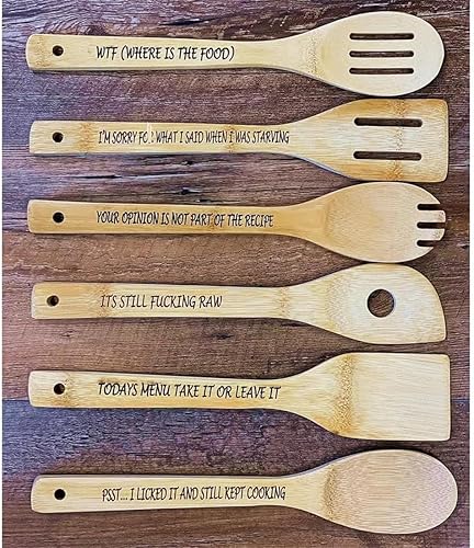 Miniatura 4 de Divertido juego de cucharas de madera, 6 cucharas de madera para reproducir, cuchara de café de madera grabada con frases divertidas, cucharas de