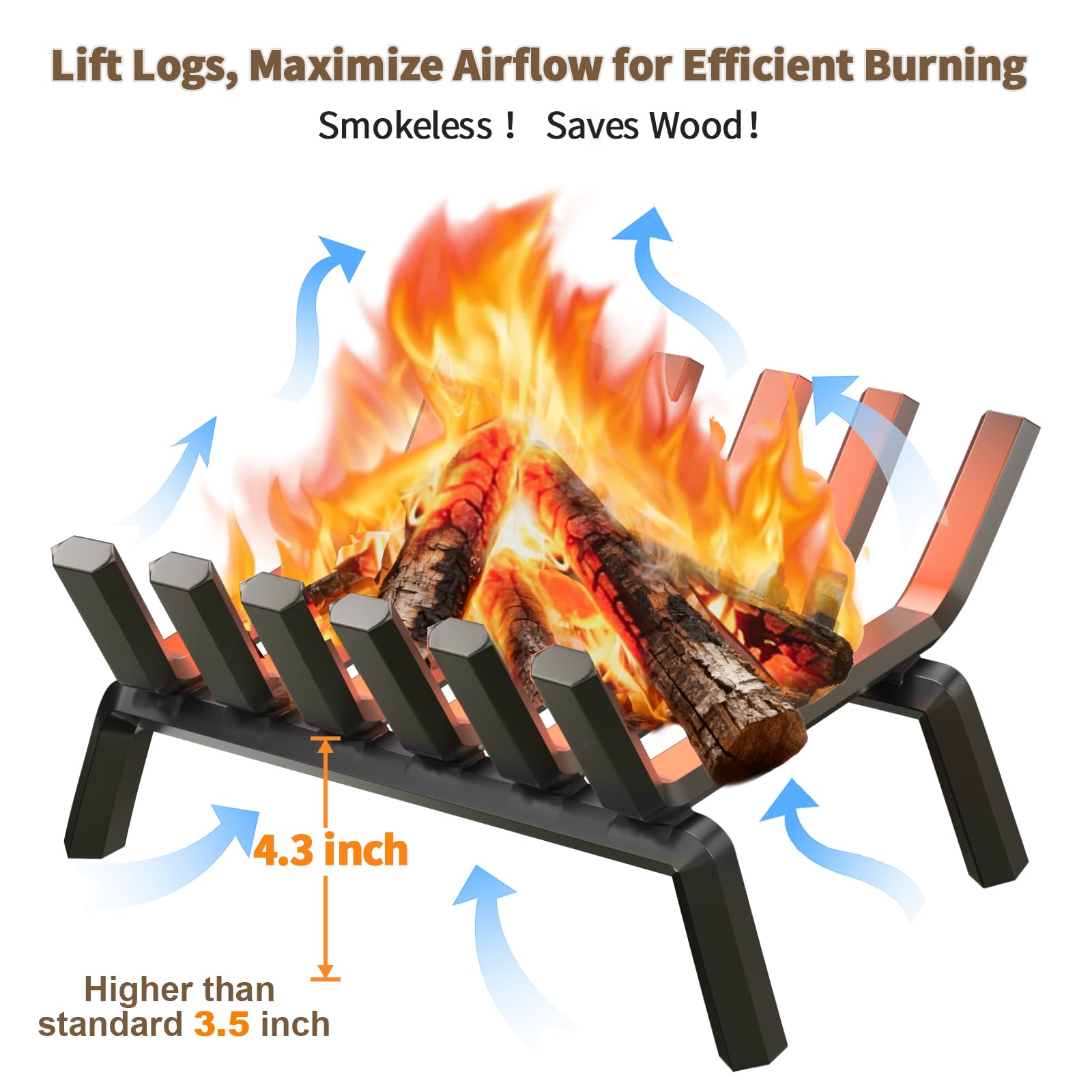 Amagabeli - Rejilla de leña de Hierro Forjado Negro de 21 Pulgadas de Ancho, Resistente acero sólido para Interiores, Chimenea de 3/4 Pulgadas, Rejillas de Fuego para Herramientas de leña al Aire