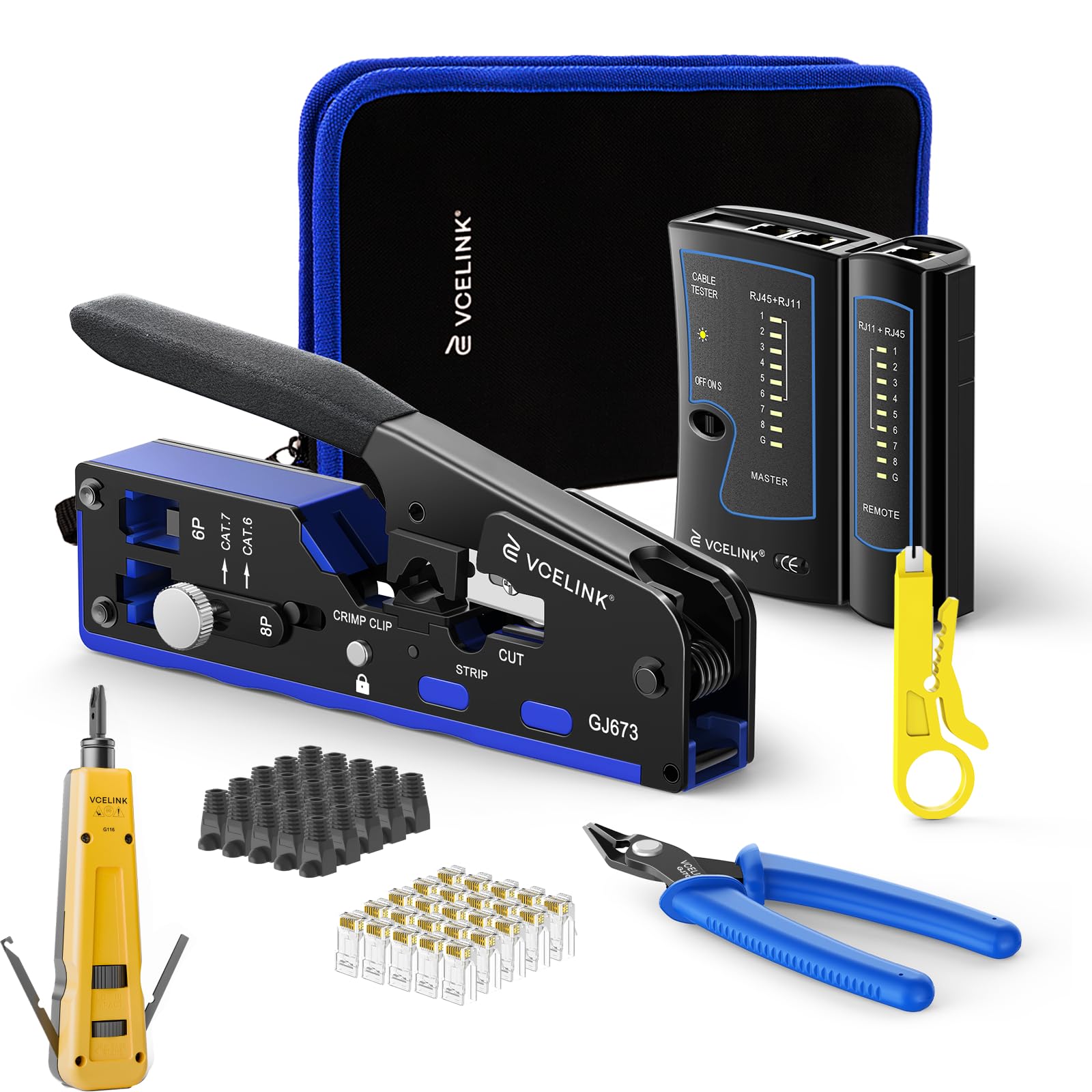 VCELINK RJ45 Crimp Tool Kit Professional, All -In-1 CAT7/6/5 Crimper, Blue