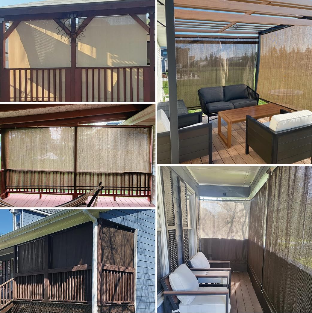 Patio Paradise Shades Roll Up Outdoor 5'Wx8.5'H Roller Shade Exterior Patio Blinds for Outside Porch Deck Balcony Pergola Carport, Brown Hollow Out