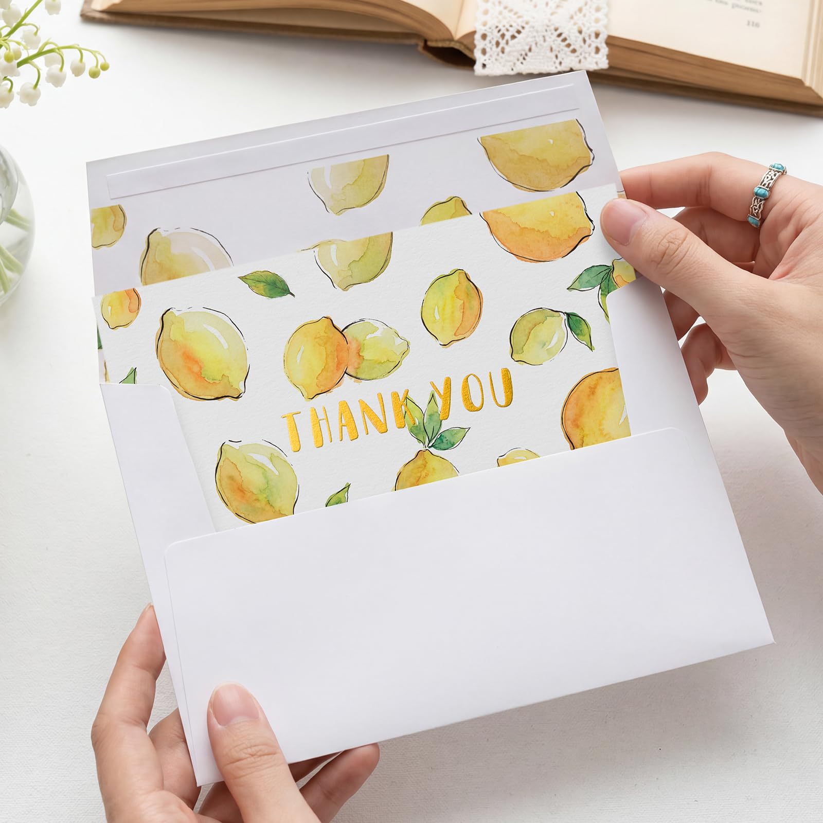 Crisky Lot de 50 cartes de remerciement avec enveloppes en feuille d'or pour fête prénatale, mariage, fête prénuptiale, cartes de remerciement en vrac