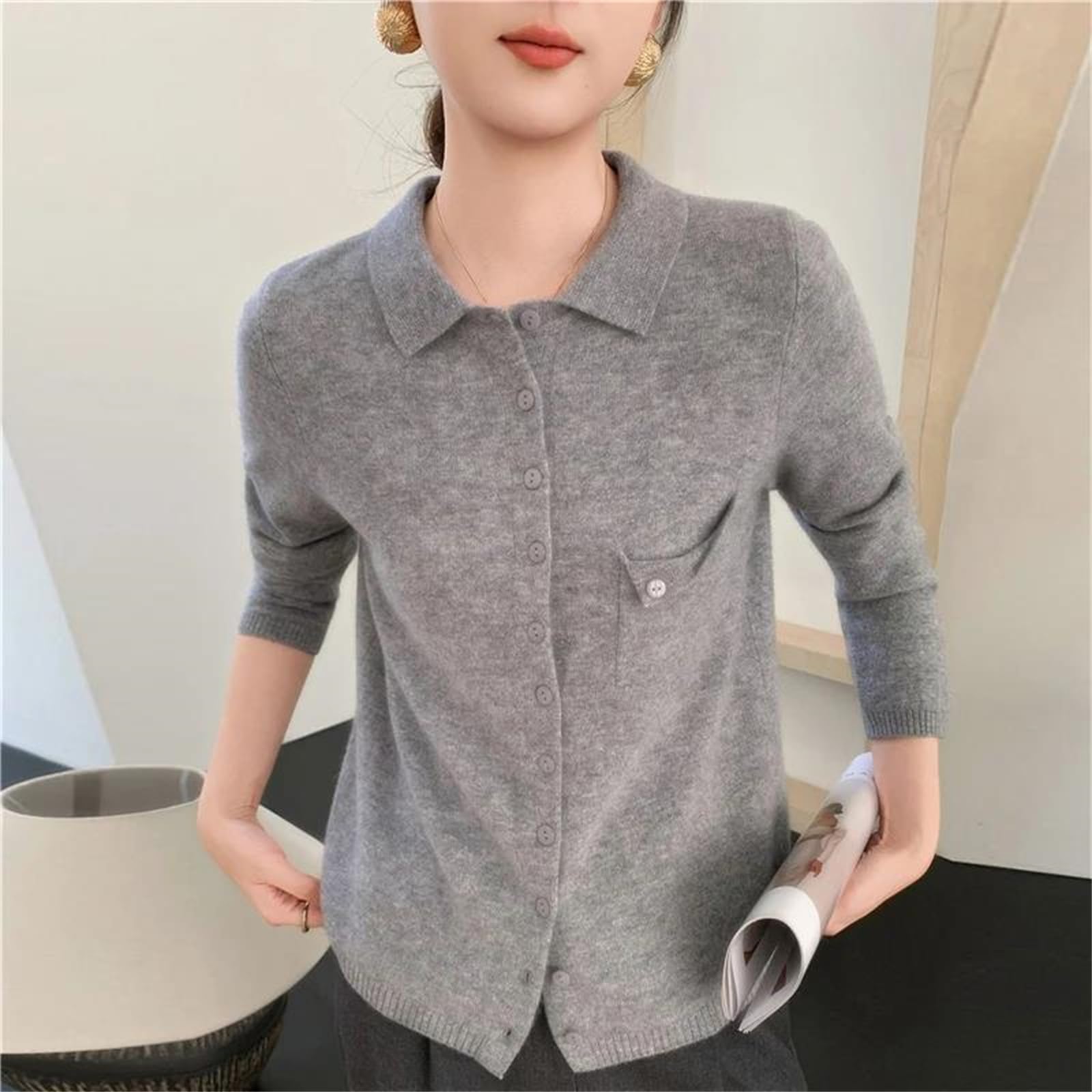 Cárdigan de lana merino para mujer, con cuello vuelto, botones, de punto grueso, para otoño e invierno, chaquetas cálidas con bolsillos