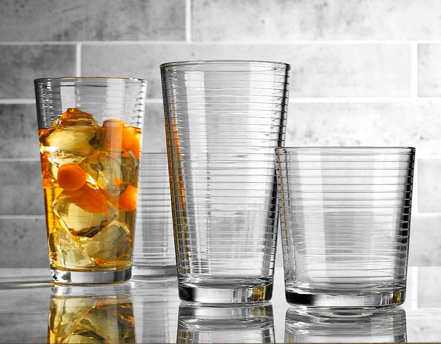 Drinking Glasses - Set of 8 Glass Cups, 4 Highball Glasses (17oz) 4 Rocks Glasses (13oz) Ribbed Glasses for Mixed Drinks, Water, Juice, beer, Wine, Excellent Gift!