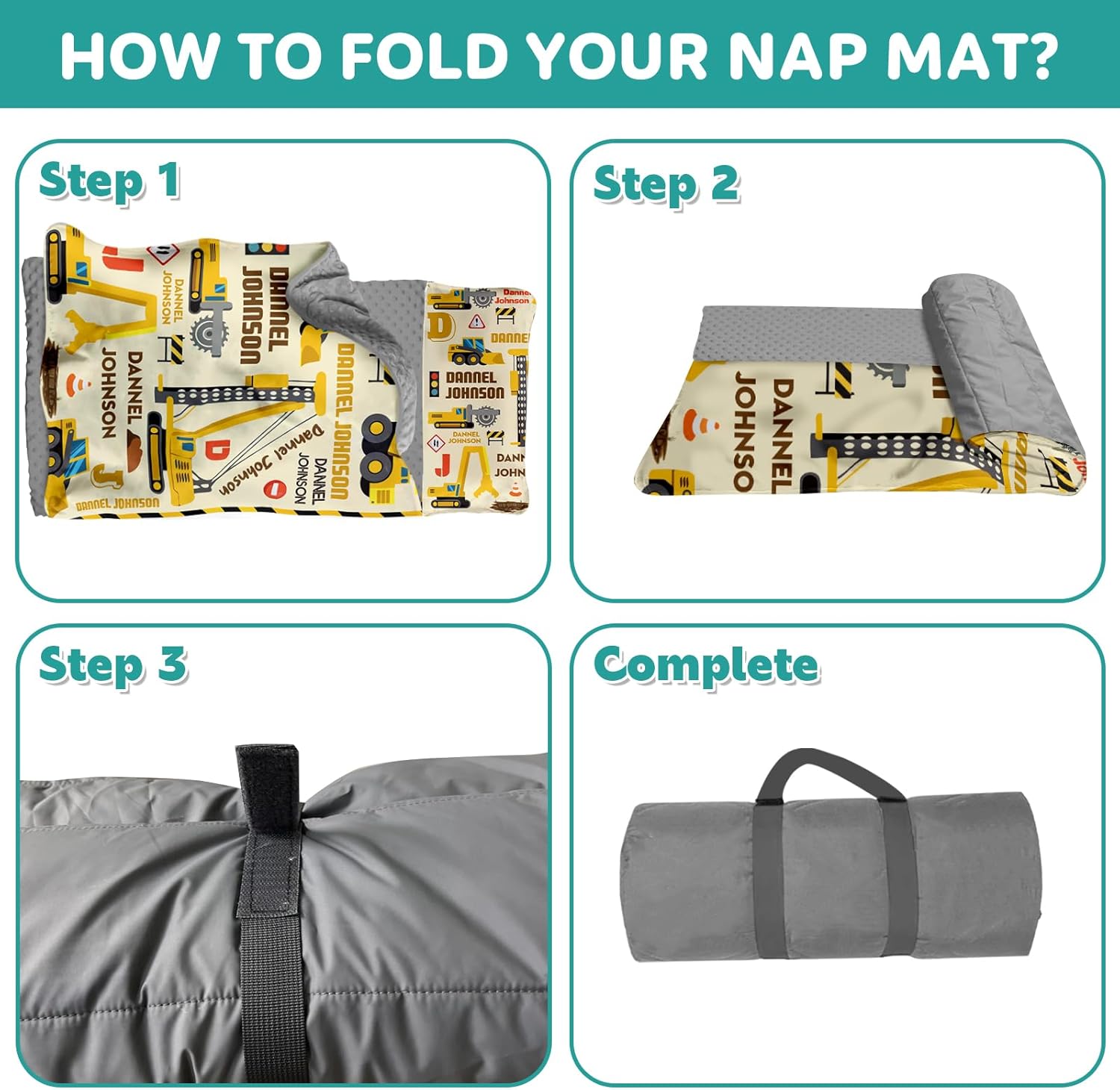 Custom Toddler Nap Mat for Preschool - Personalized Name Kids Nap Mats for Daycare Kindergarten Boys, Sleeping Bag with Pillow Blanket Set, Thick Padded Easy Roll Up, Construction Truck